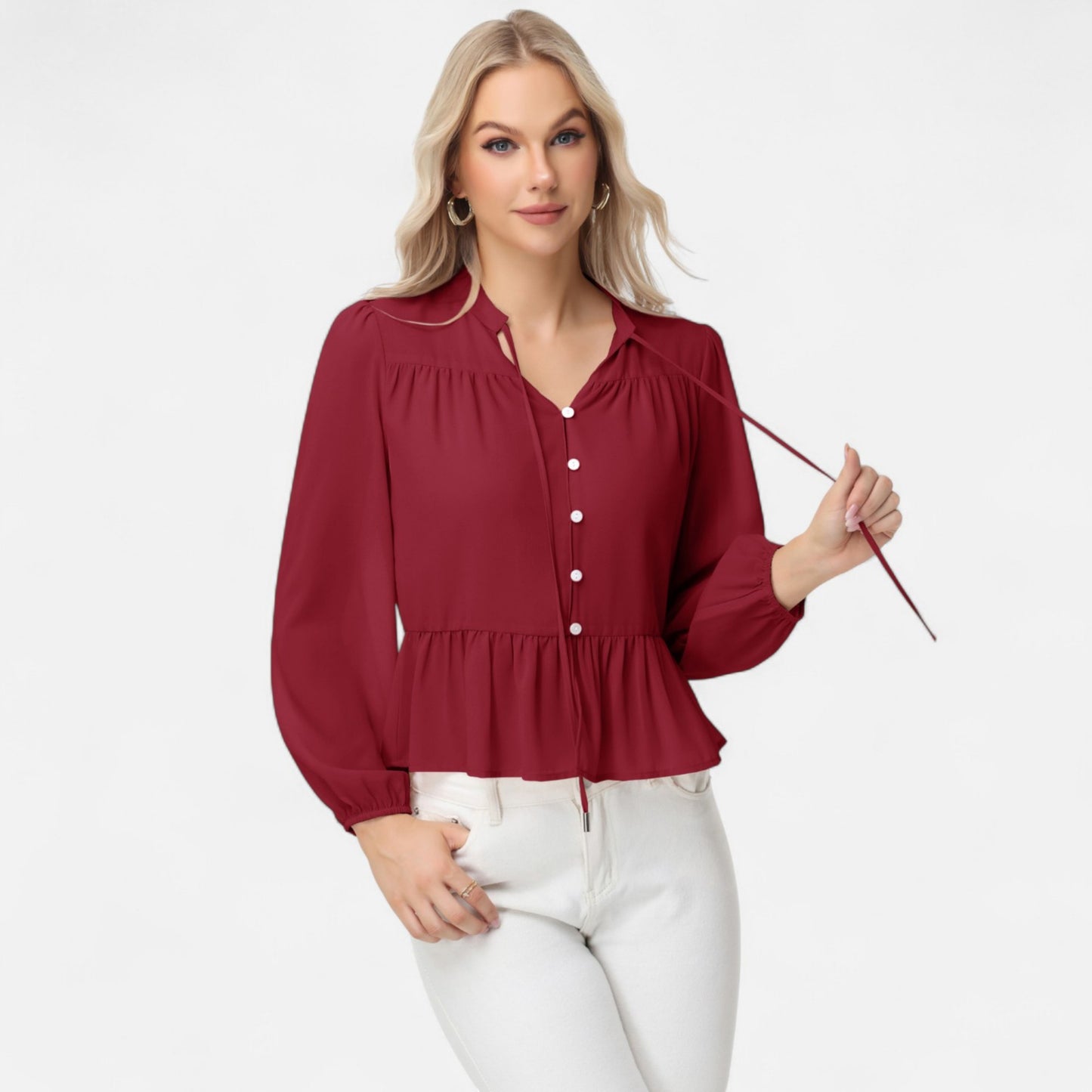 Anna-Kaci Women's Long Sleeve Button Front Peplum Blouse with V-Neckline and Gathered Waist Detail