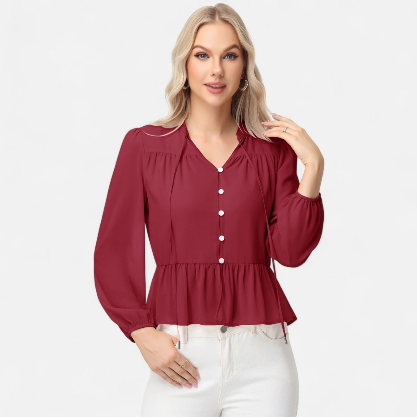 Anna-Kaci Women's Long Sleeve Button Front Peplum Blouse with V-Neckline and Gathered Waist Detail