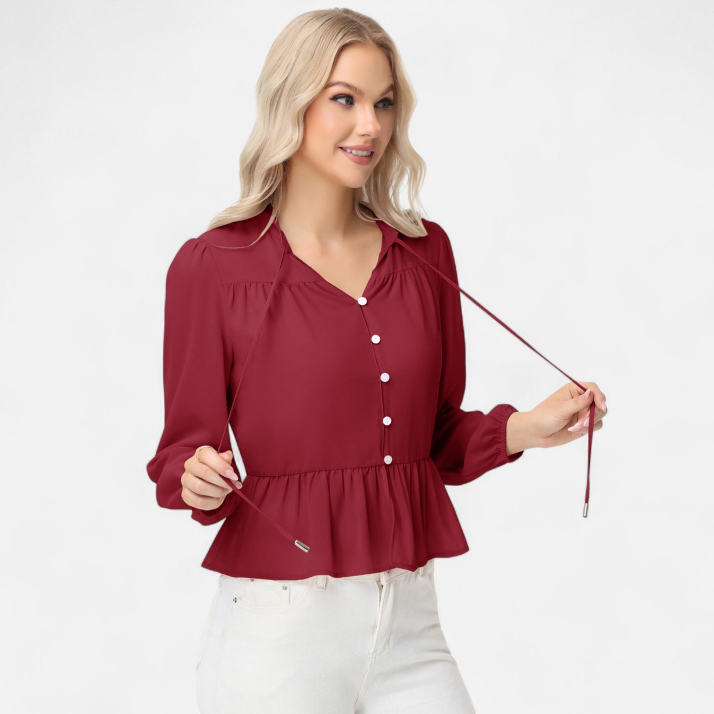 Anna-Kaci Women's Long Sleeve Button Front Peplum Blouse with V-Neckline and Gathered Waist Detail