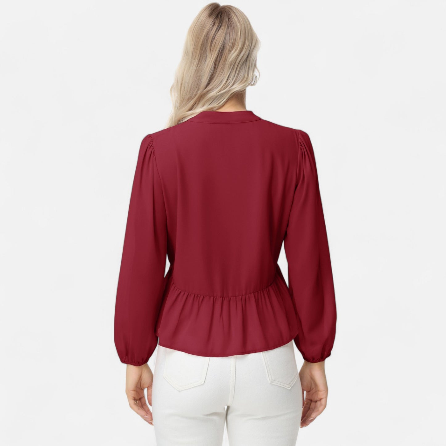 Anna-Kaci Women's Long Sleeve Button Front Peplum Blouse with V-Neckline and Gathered Waist Detail