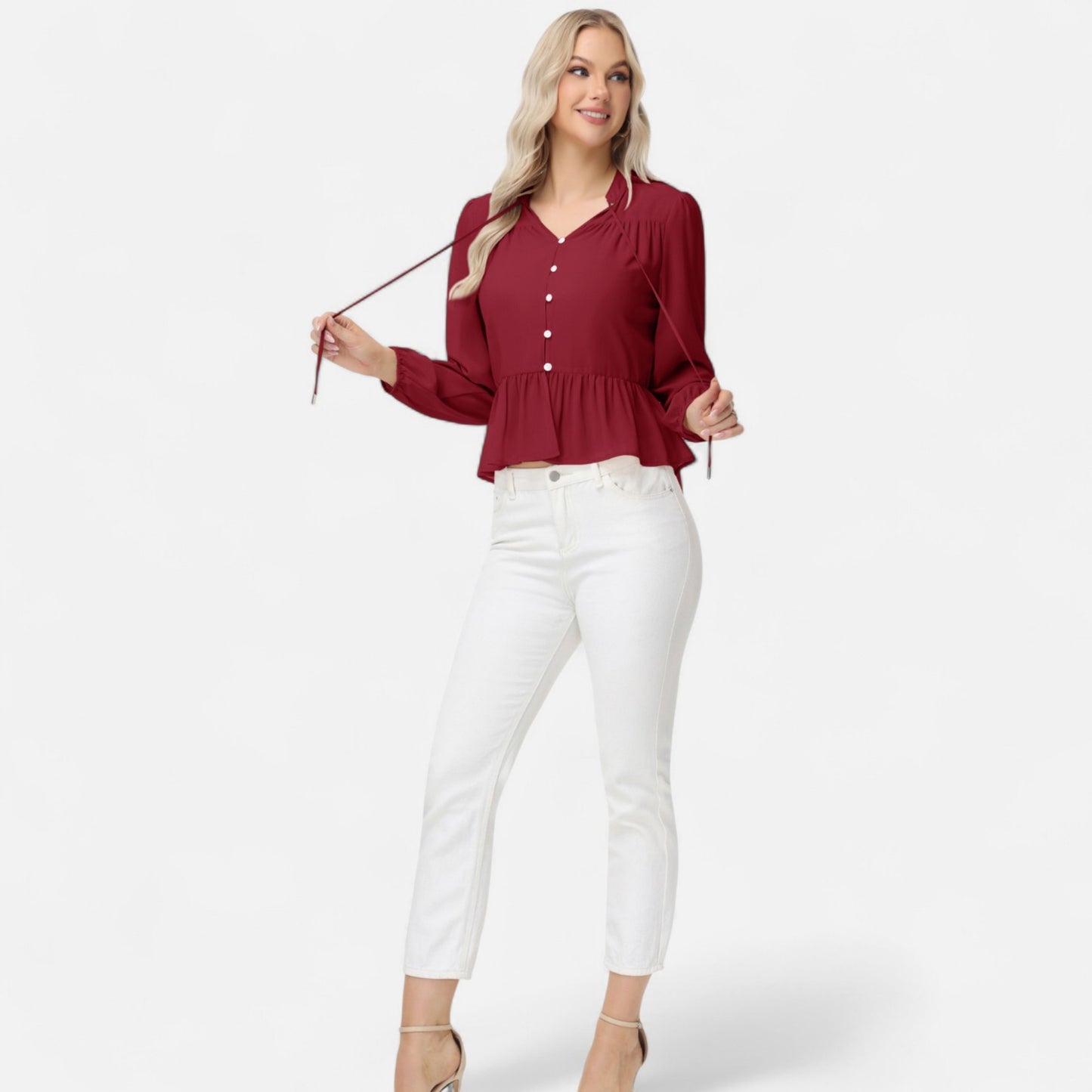 Anna-Kaci Women's Long Sleeve Button Front Peplum Blouse with V-Neckline and Gathered Waist Detail