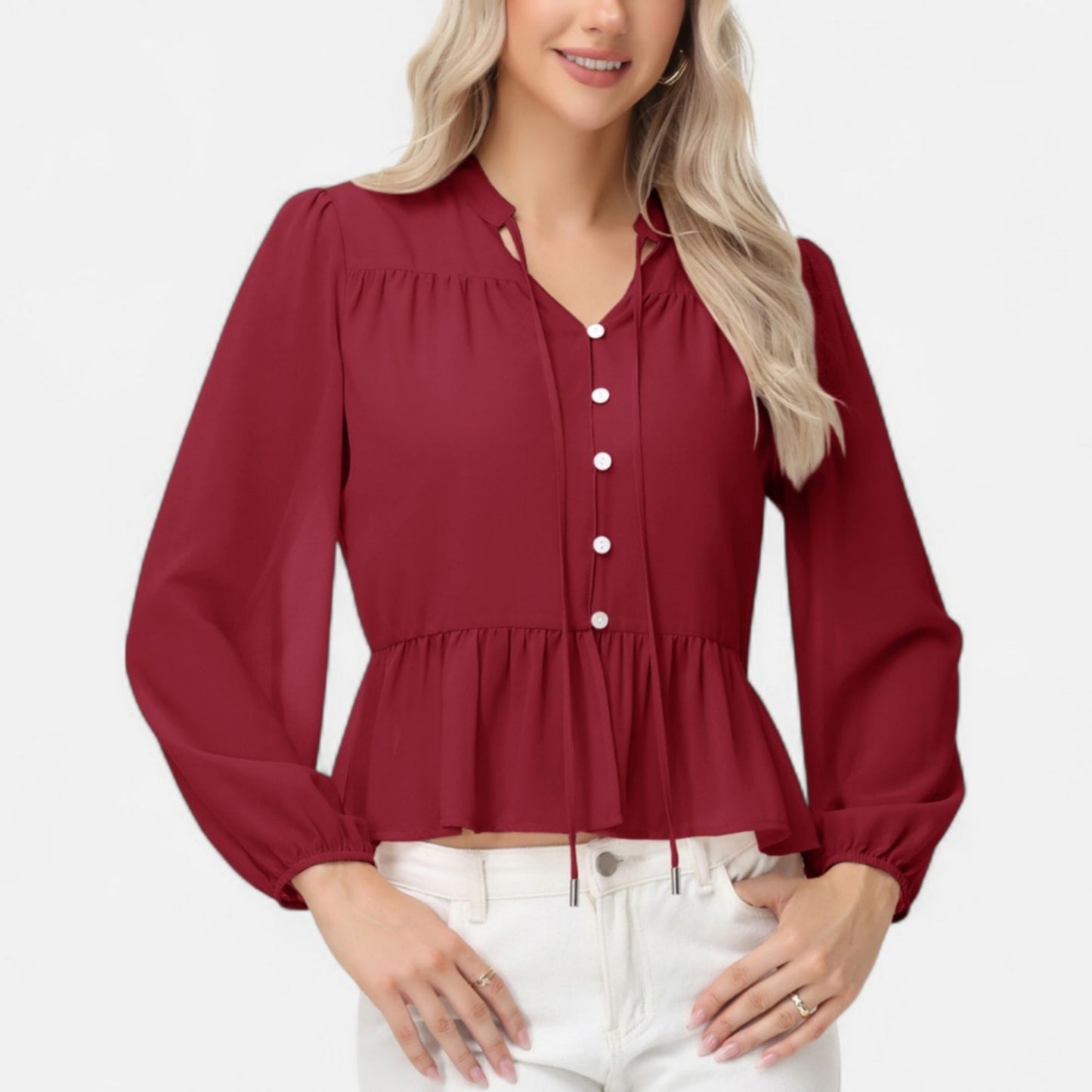 Anna-Kaci Women's Long Sleeve Button Front Peplum Blouse with V-Neckline and Gathered Waist Detail