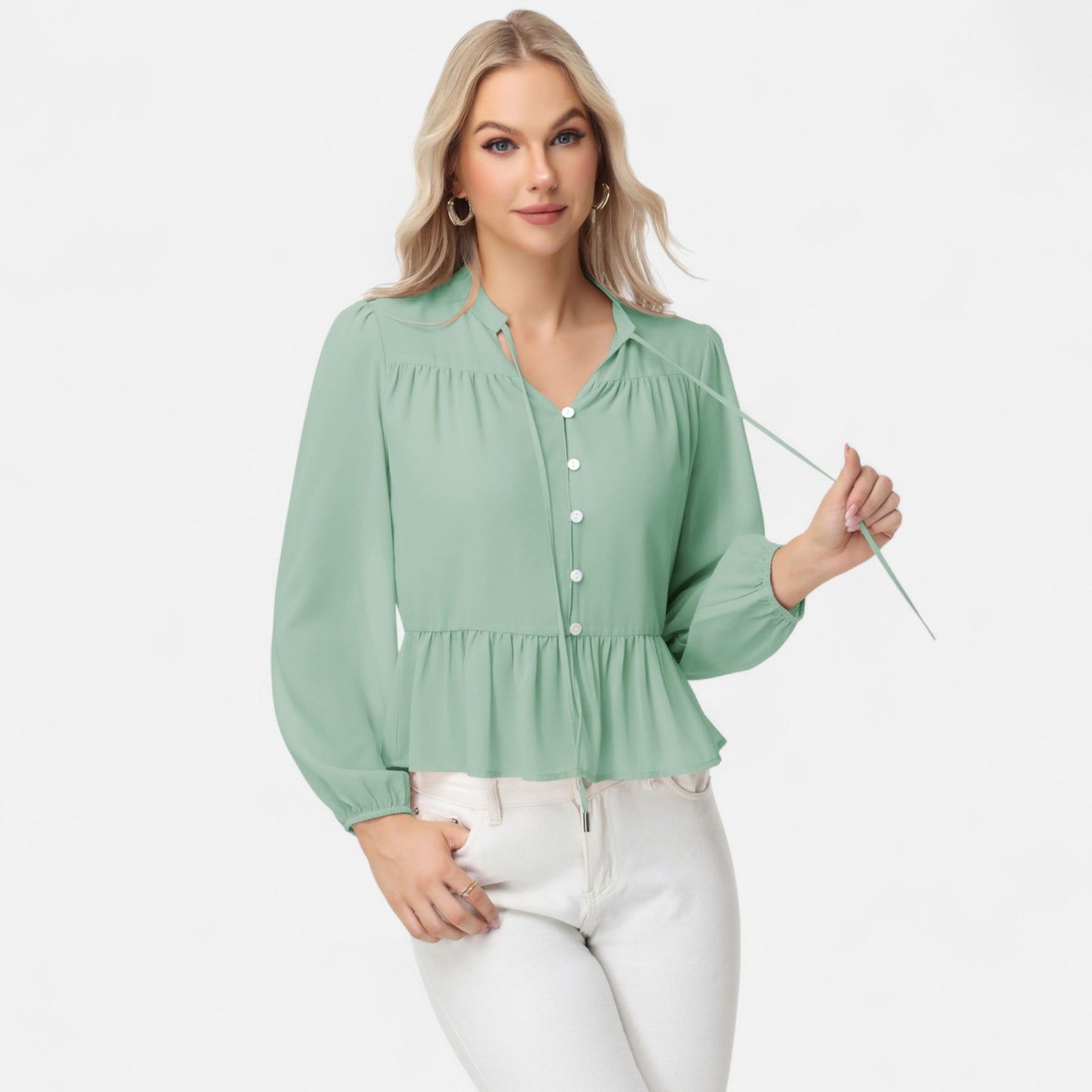 Anna-Kaci Women's Long Sleeve Button Front Peplum Blouse with V-Neckline and Gathered Waist Detail
