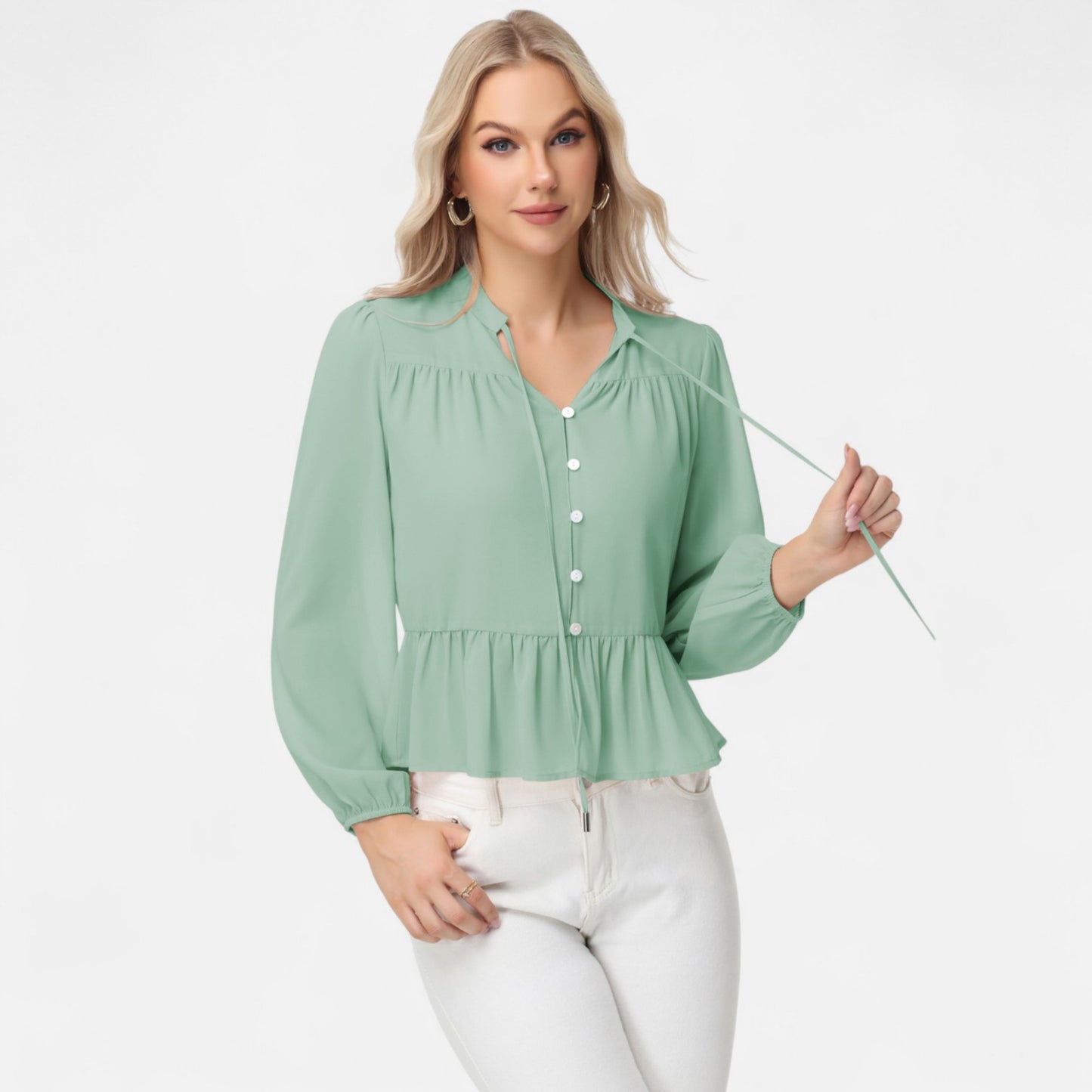 Anna-Kaci Women's Long Sleeve Button Front Peplum Blouse with V-Neckline and Gathered Waist Detail