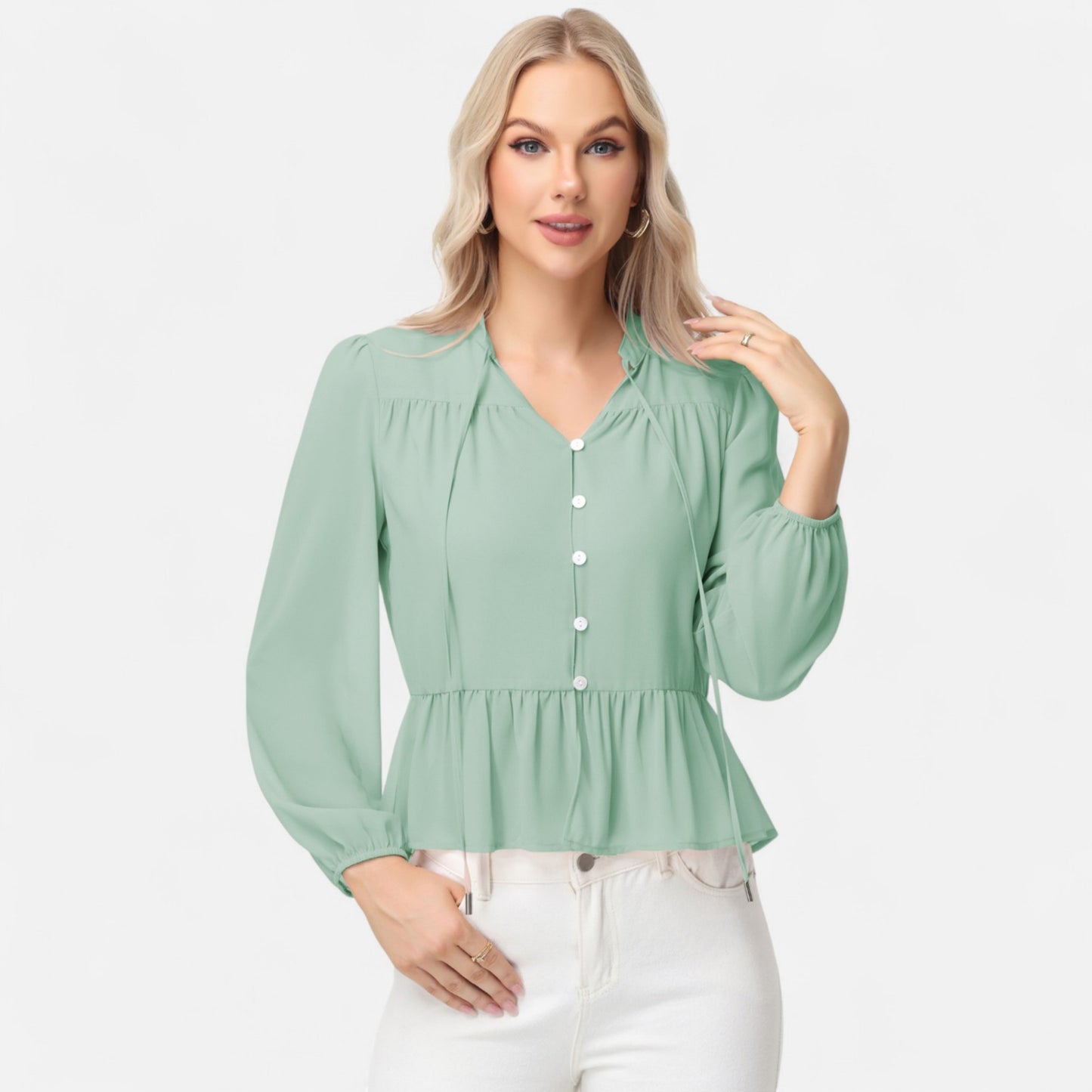 Anna-Kaci Women's Long Sleeve Button Front Peplum Blouse with V-Neckline and Gathered Waist Detail