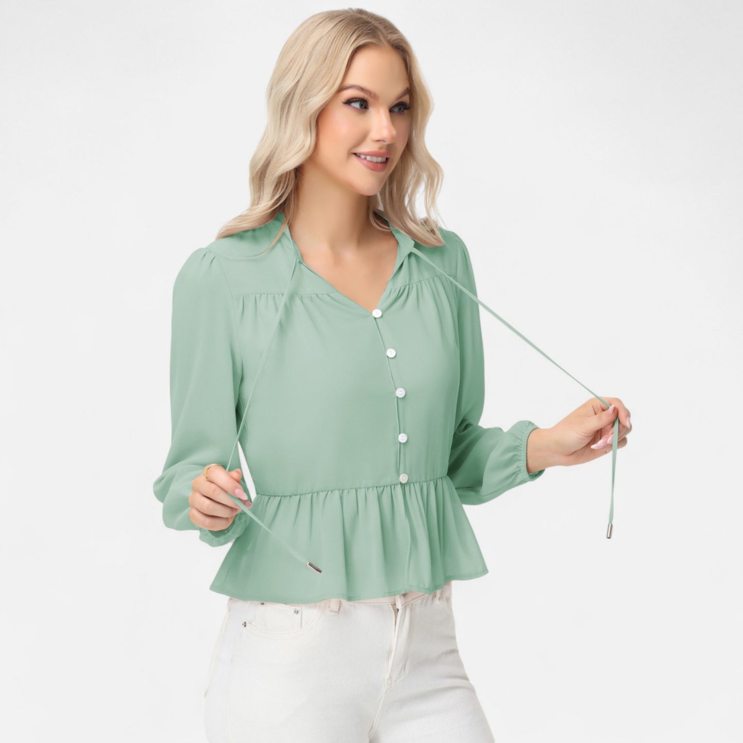 Anna-Kaci Women's Long Sleeve Button Front Peplum Blouse with V-Neckline and Gathered Waist Detail
