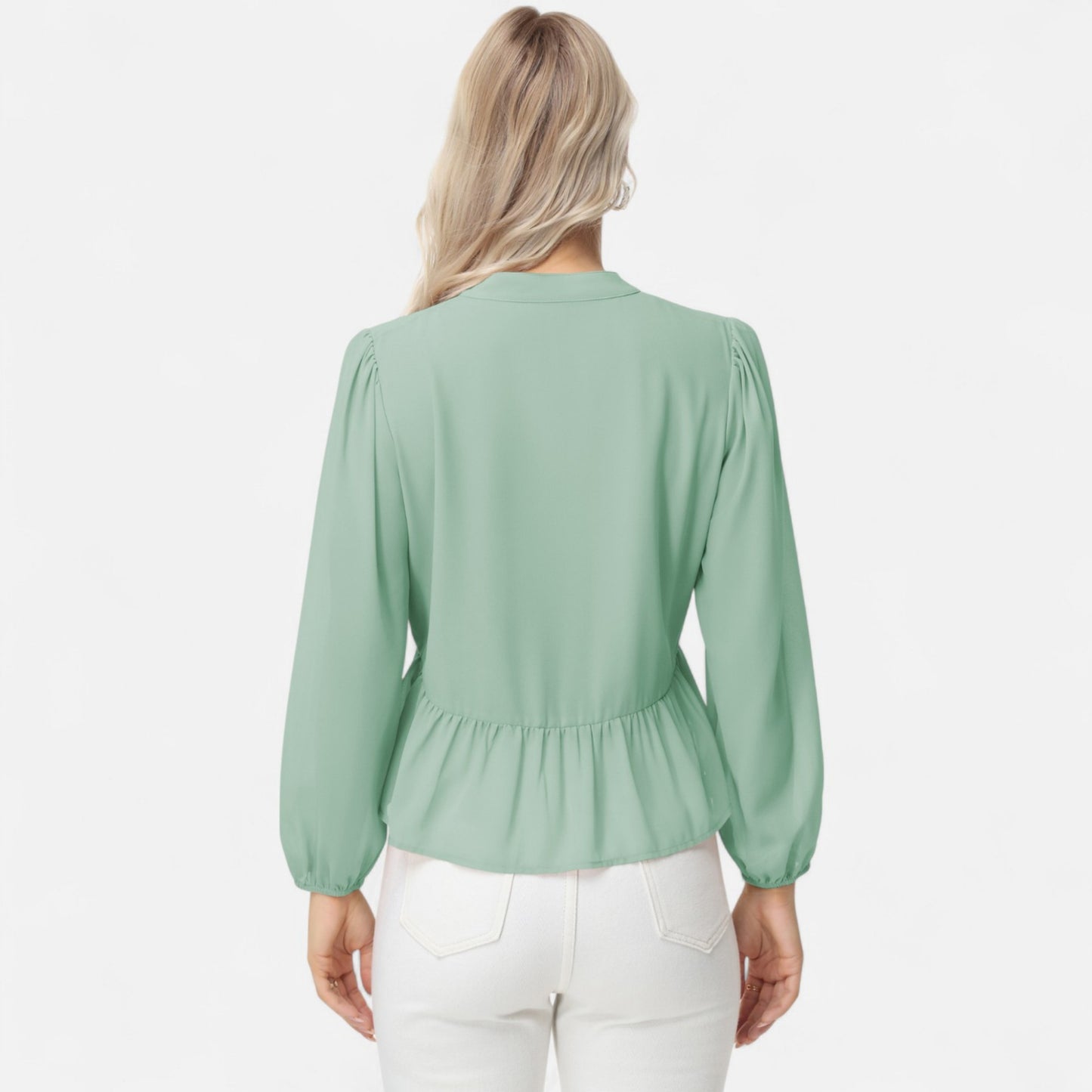 Anna-Kaci Women's Long Sleeve Button Front Peplum Blouse with V-Neckline and Gathered Waist Detail