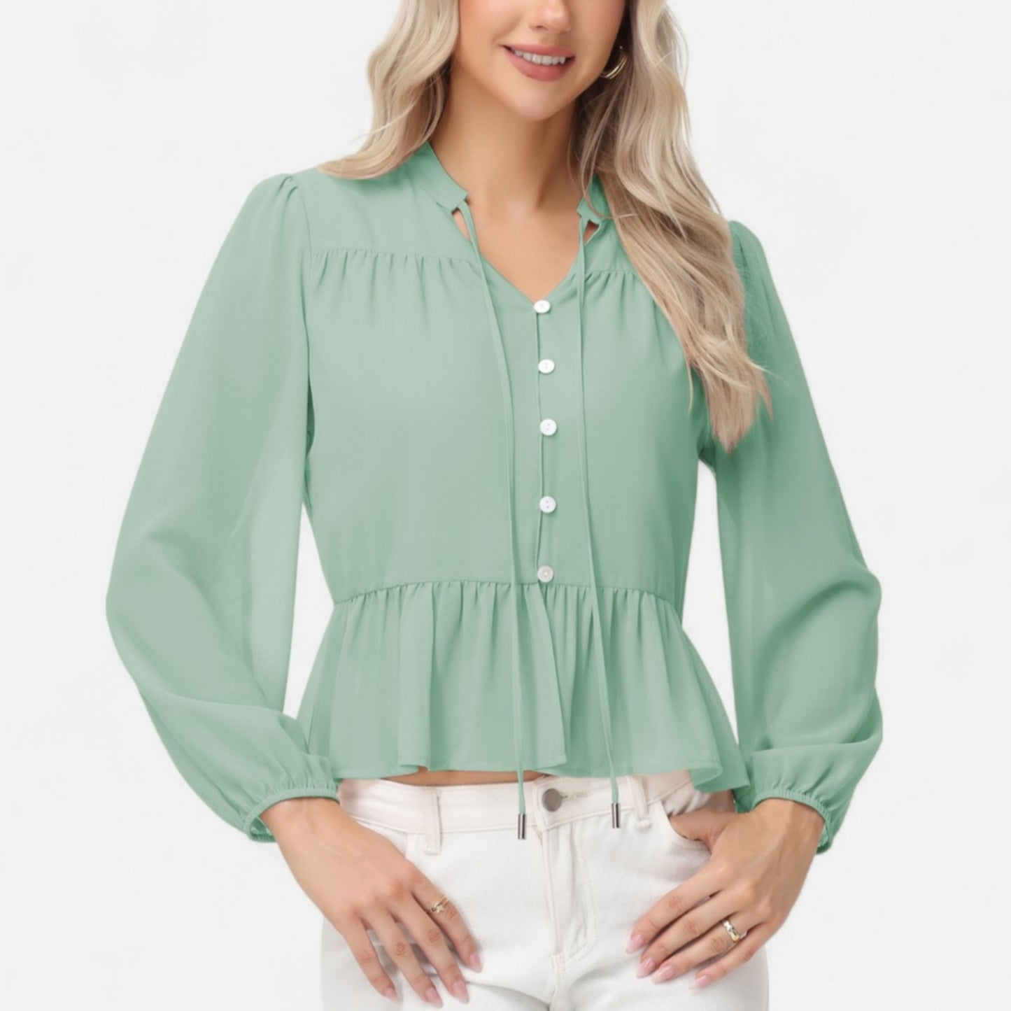 Anna-Kaci Women's Long Sleeve Button Front Peplum Blouse with V-Neckline and Gathered Waist Detail