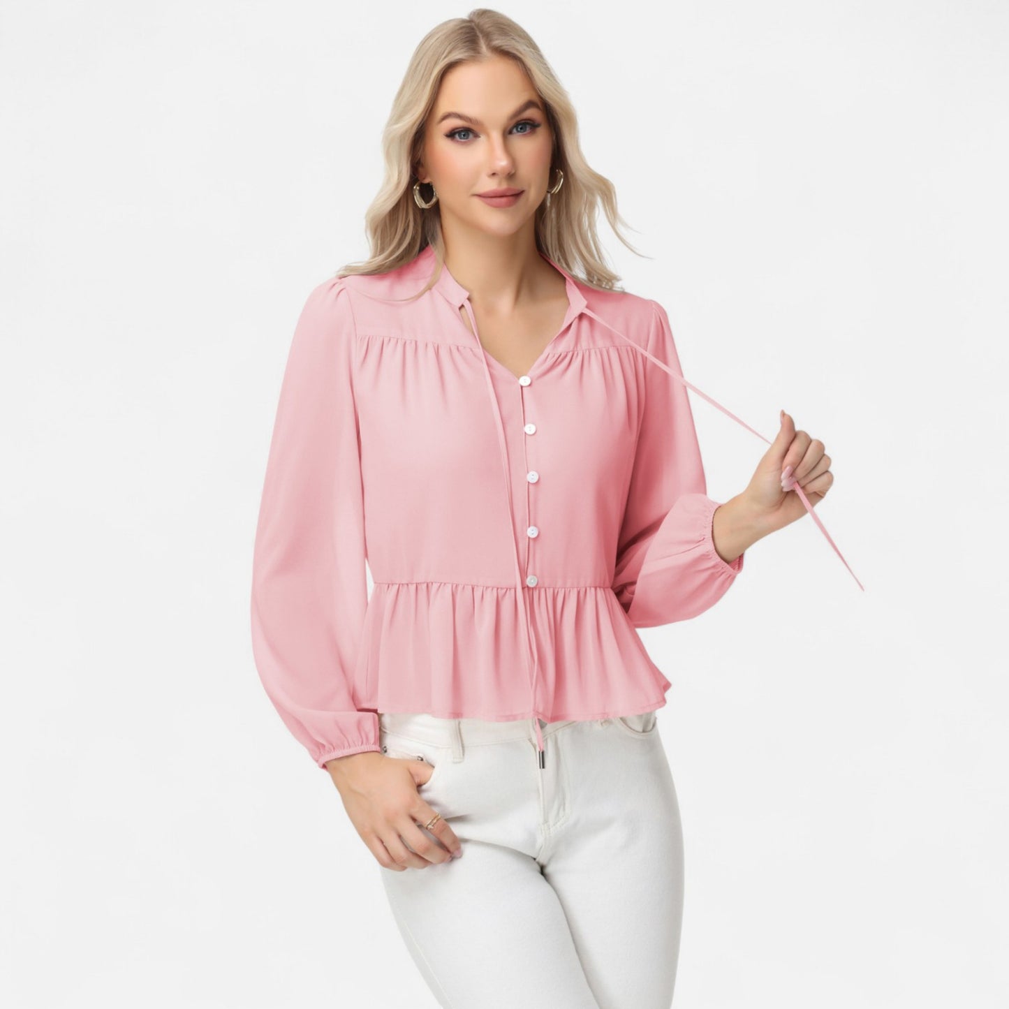 Anna-Kaci Women's Long Sleeve Button Front Peplum Blouse with V-Neckline and Gathered Waist Detail