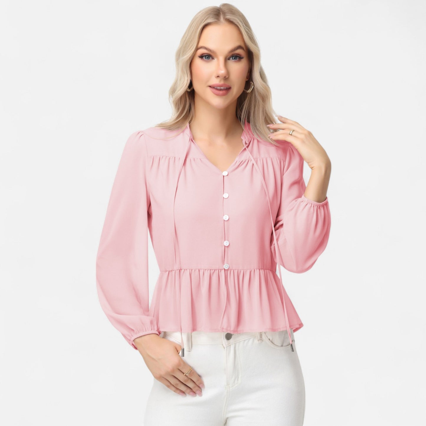 Anna-Kaci Women's Long Sleeve Button Front Peplum Blouse with V-Neckline and Gathered Waist Detail