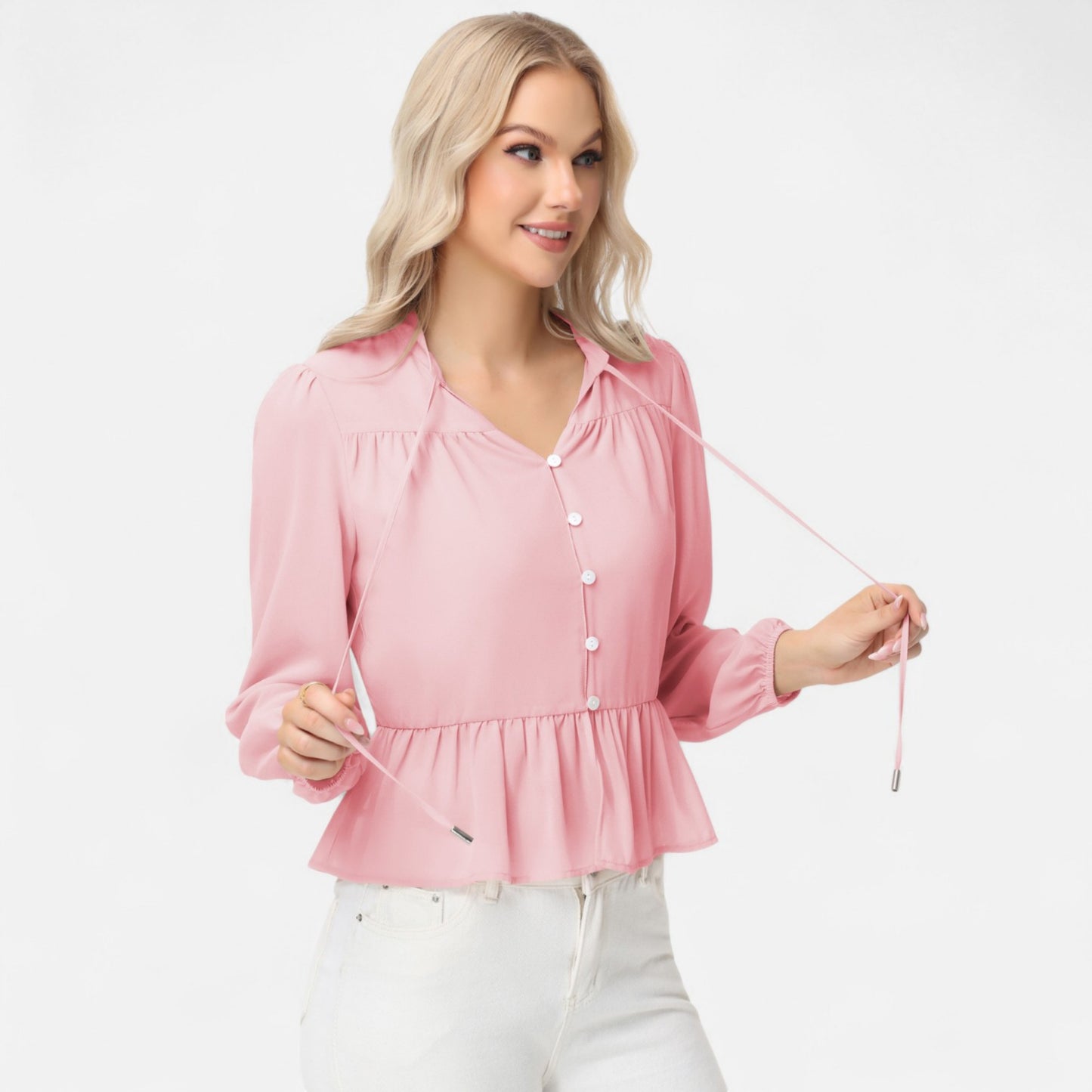 Anna-Kaci Women's Long Sleeve Button Front Peplum Blouse with V-Neckline and Gathered Waist Detail