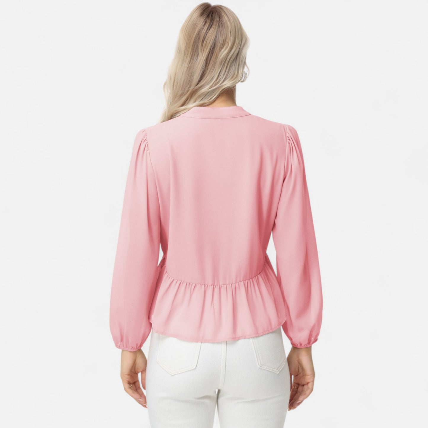 Anna-Kaci Women's Long Sleeve Button Front Peplum Blouse with V-Neckline and Gathered Waist Detail