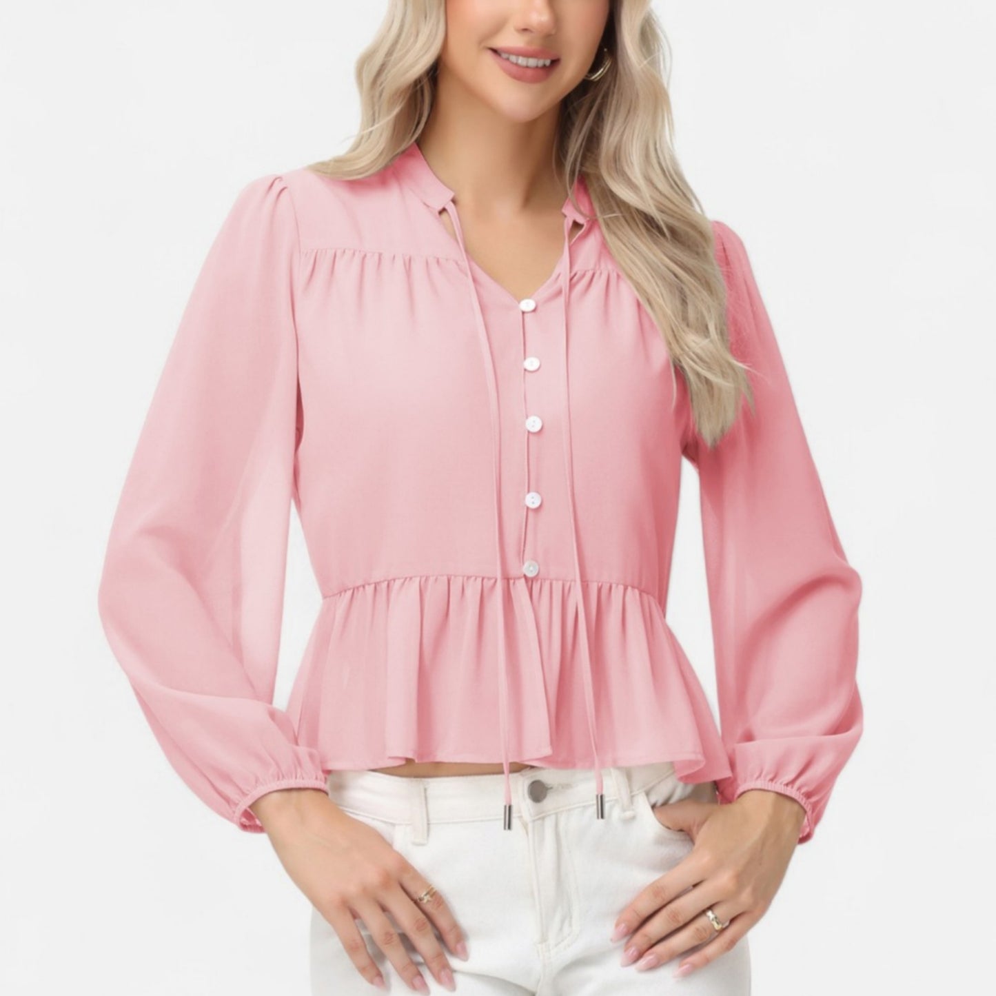 Anna-Kaci Women's Long Sleeve Button Front Peplum Blouse with V-Neckline and Gathered Waist Detail