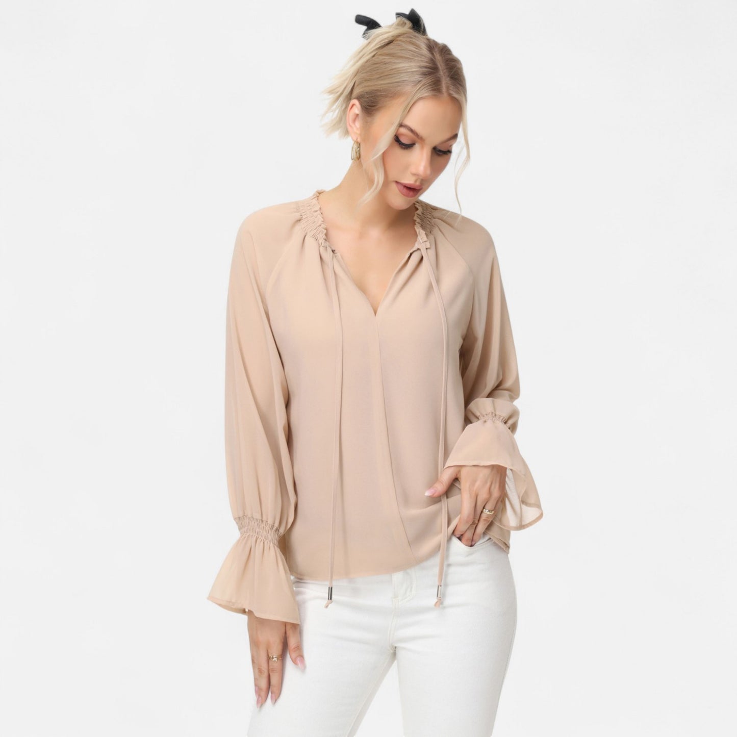 Anna-Kaci Women's Long Sleeve Blouse with Flounce Cuffs and Ruffle Trim Tie Neck Design