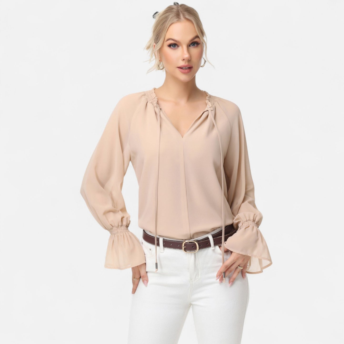 Anna-Kaci Women's Long Sleeve Blouse with Flounce Cuffs and Ruffle Trim Tie Neck Design