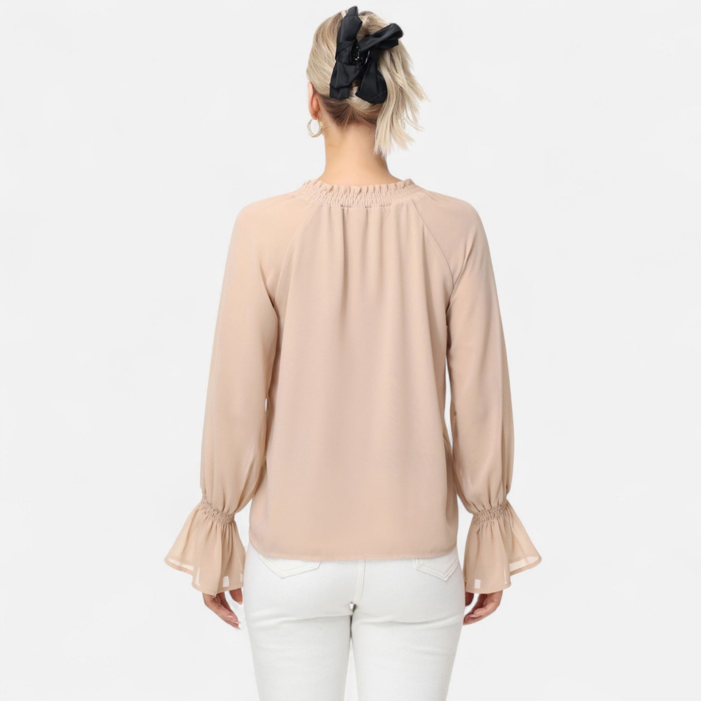 Anna-Kaci Women's Long Sleeve Blouse with Flounce Cuffs and Ruffle Trim Tie Neck Design