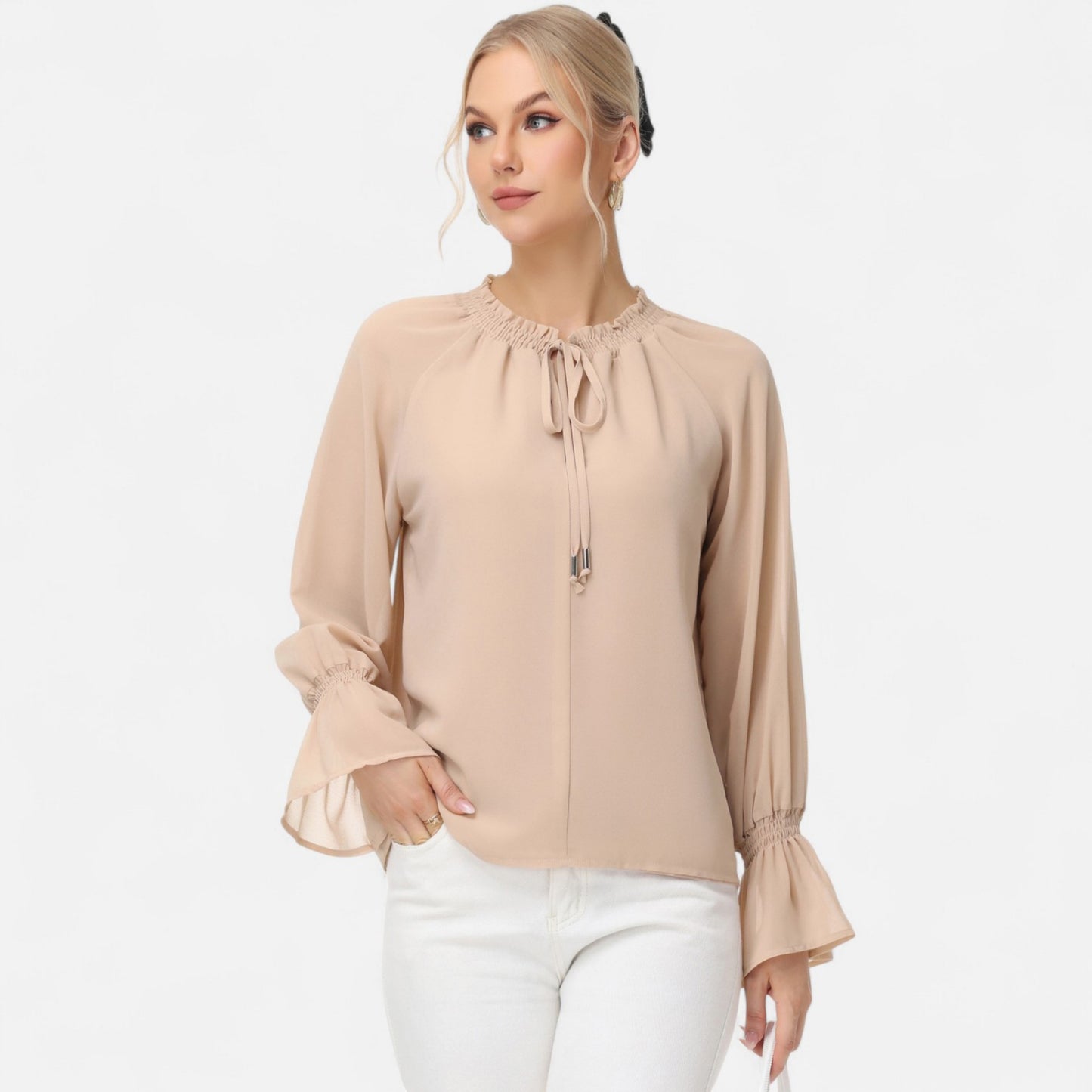 Anna-Kaci Women's Long Sleeve Blouse with Flounce Cuffs and Ruffle Trim Tie Neck Design