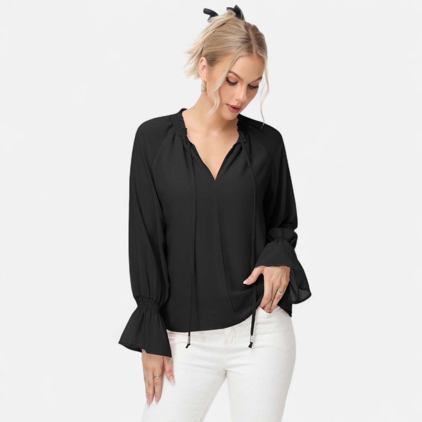 Anna-Kaci Women's Long Sleeve Blouse with Flounce Cuffs and Ruffle Trim Tie Neck Design