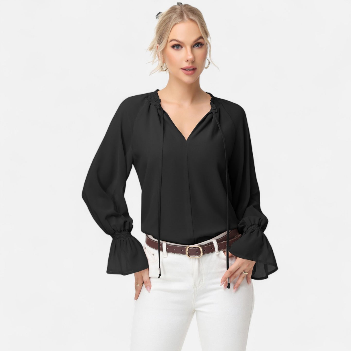 Anna-Kaci Women's Long Sleeve Blouse with Flounce Cuffs and Ruffle Trim Tie Neck Design