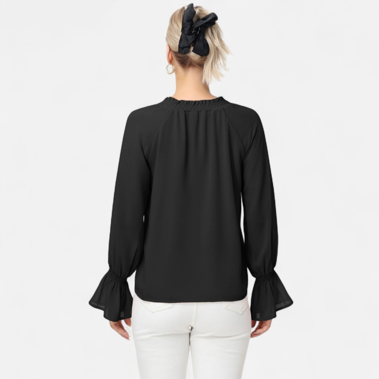 Anna-Kaci Women's Long Sleeve Blouse with Flounce Cuffs and Ruffle Trim Tie Neck Design