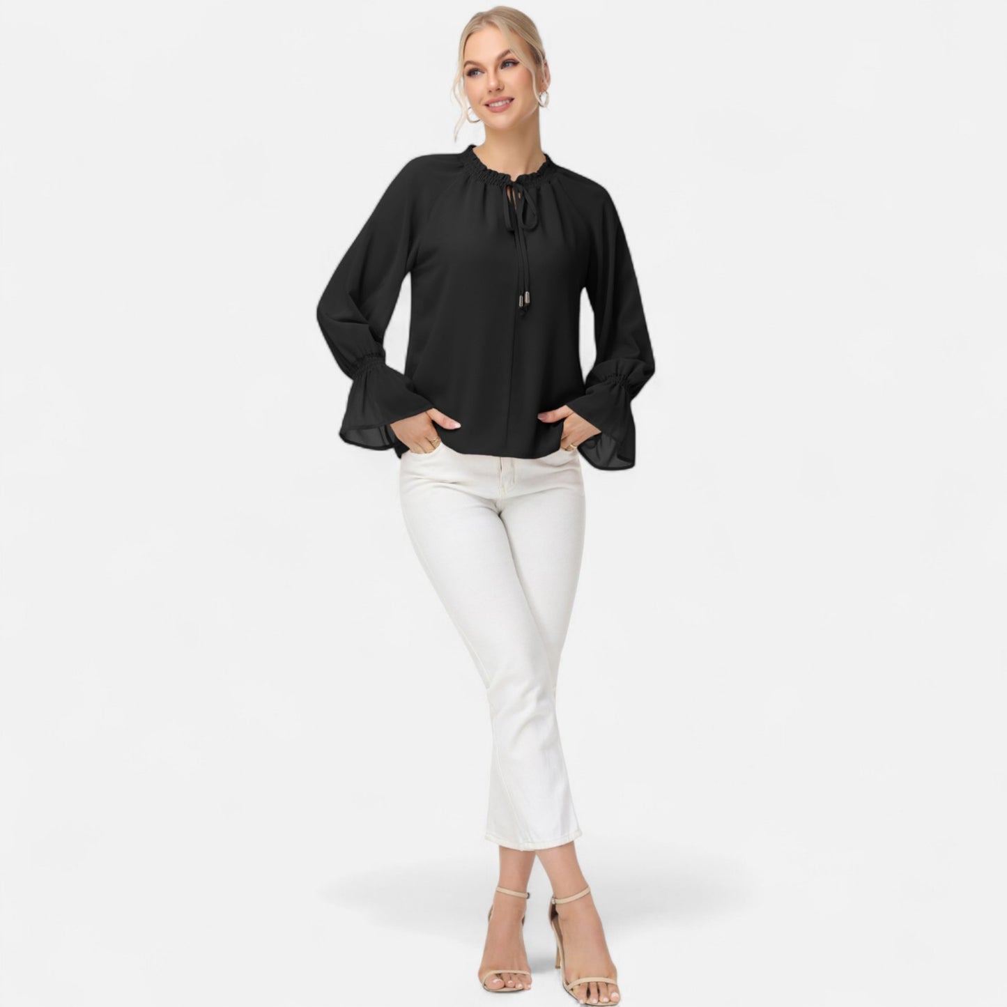 Anna-Kaci Women's Long Sleeve Blouse with Flounce Cuffs and Ruffle Trim Tie Neck Design
