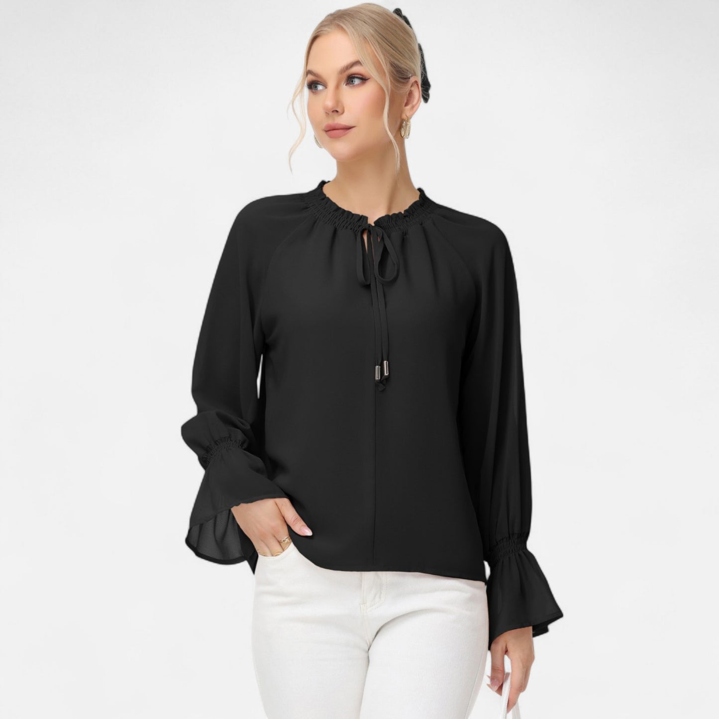 Anna-Kaci Women's Long Sleeve Blouse with Flounce Cuffs and Ruffle Trim Tie Neck Design