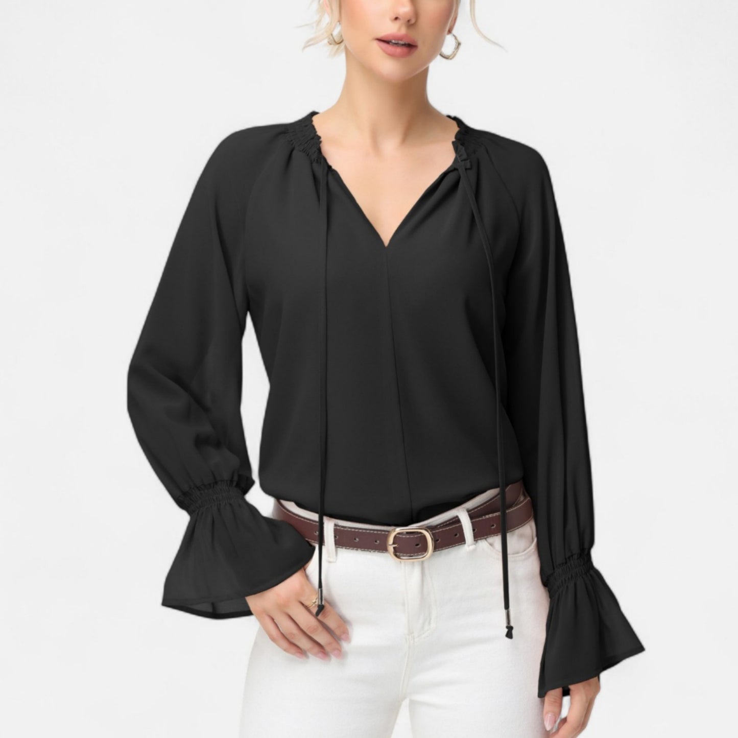 Anna-Kaci Women's Long Sleeve Blouse with Flounce Cuffs and Ruffle Trim Tie Neck Design