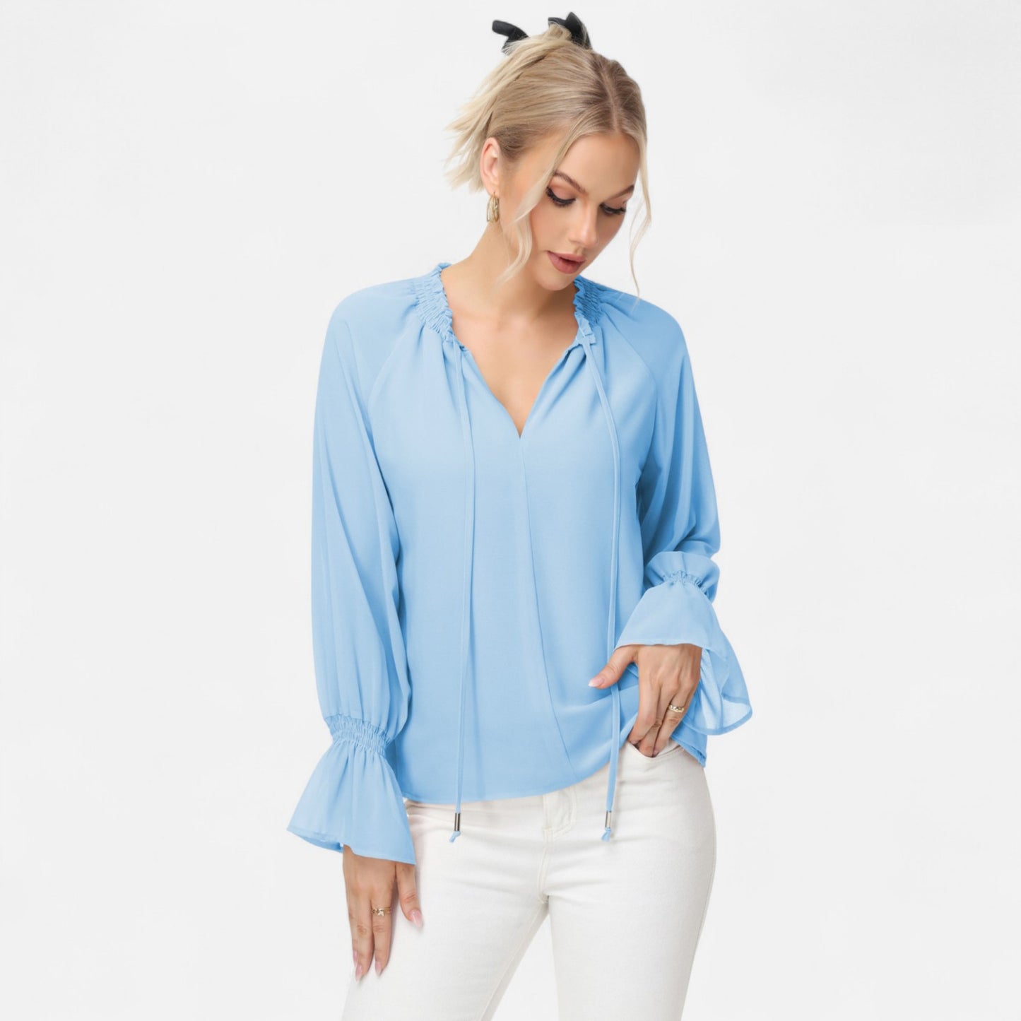 Anna-Kaci Women's Long Sleeve Blouse with Flounce Cuffs and Ruffle Trim Tie Neck Design