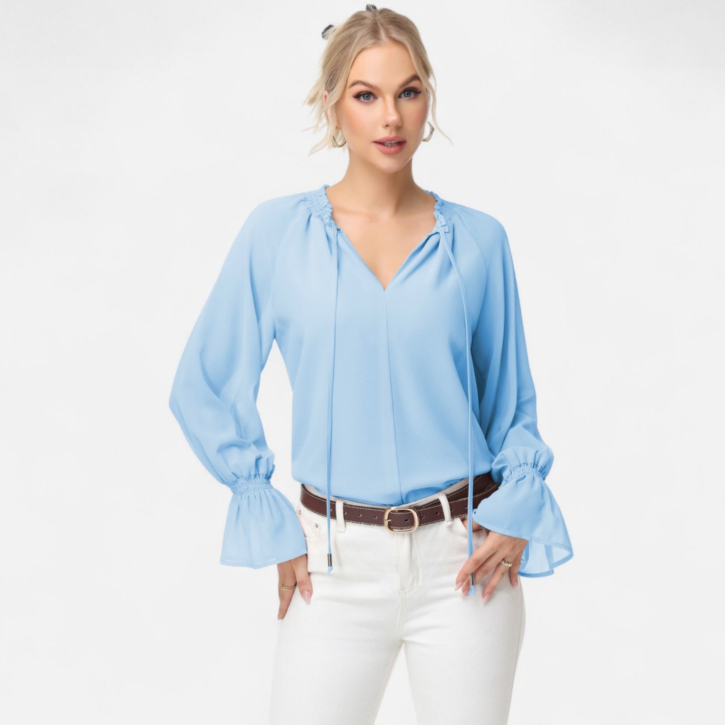 Anna-Kaci Women's Long Sleeve Blouse with Flounce Cuffs and Ruffle Trim Tie Neck Design