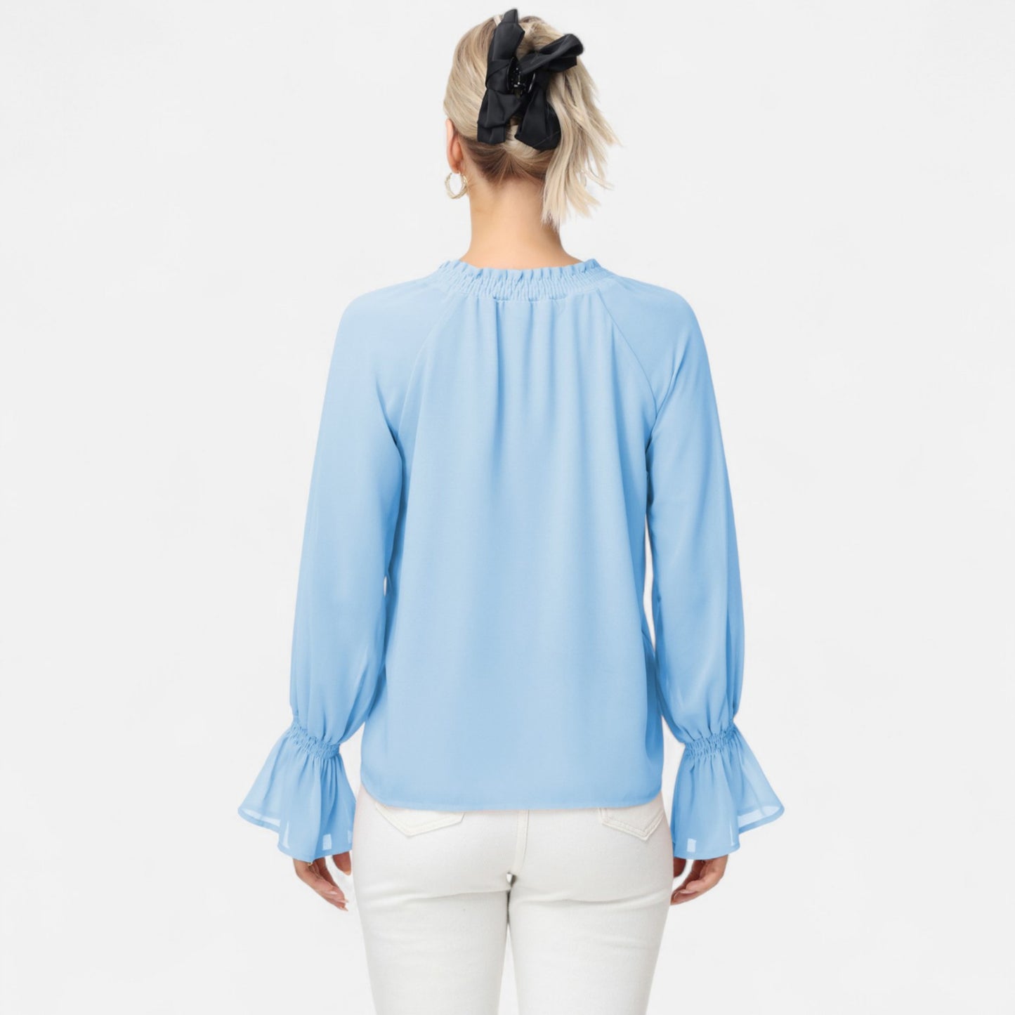 Anna-Kaci Women's Long Sleeve Blouse with Flounce Cuffs and Ruffle Trim Tie Neck Design