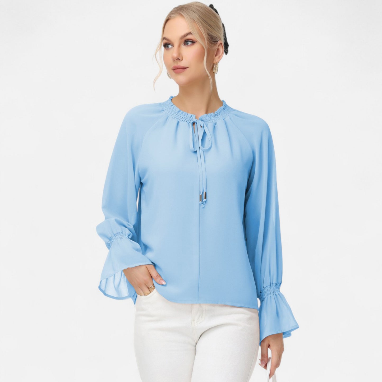 Anna-Kaci Women's Long Sleeve Blouse with Flounce Cuffs and Ruffle Trim Tie Neck Design