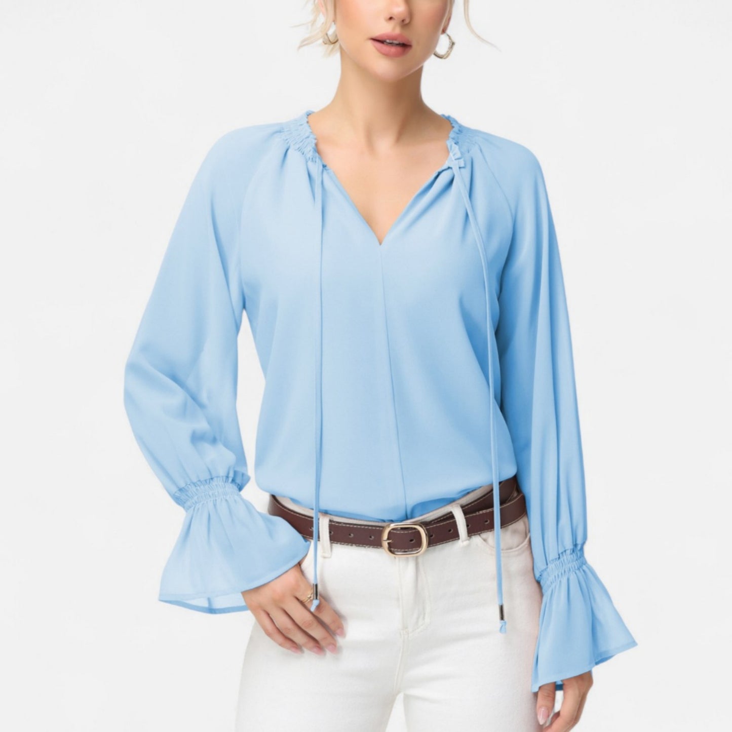 Anna-Kaci Women's Long Sleeve Blouse with Flounce Cuffs and Ruffle Trim Tie Neck Design