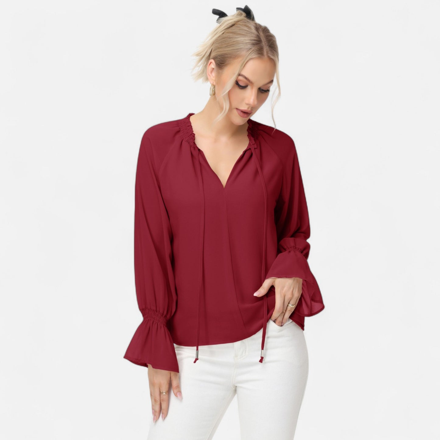 Anna-Kaci Women's Long Sleeve Blouse with Flounce Cuffs and Ruffle Trim Tie Neck Design