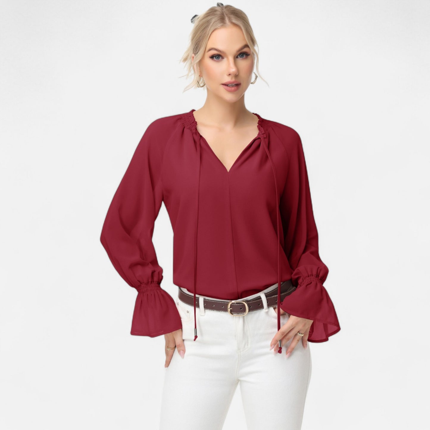 Anna-Kaci Women's Long Sleeve Blouse with Flounce Cuffs and Ruffle Trim Tie Neck Design