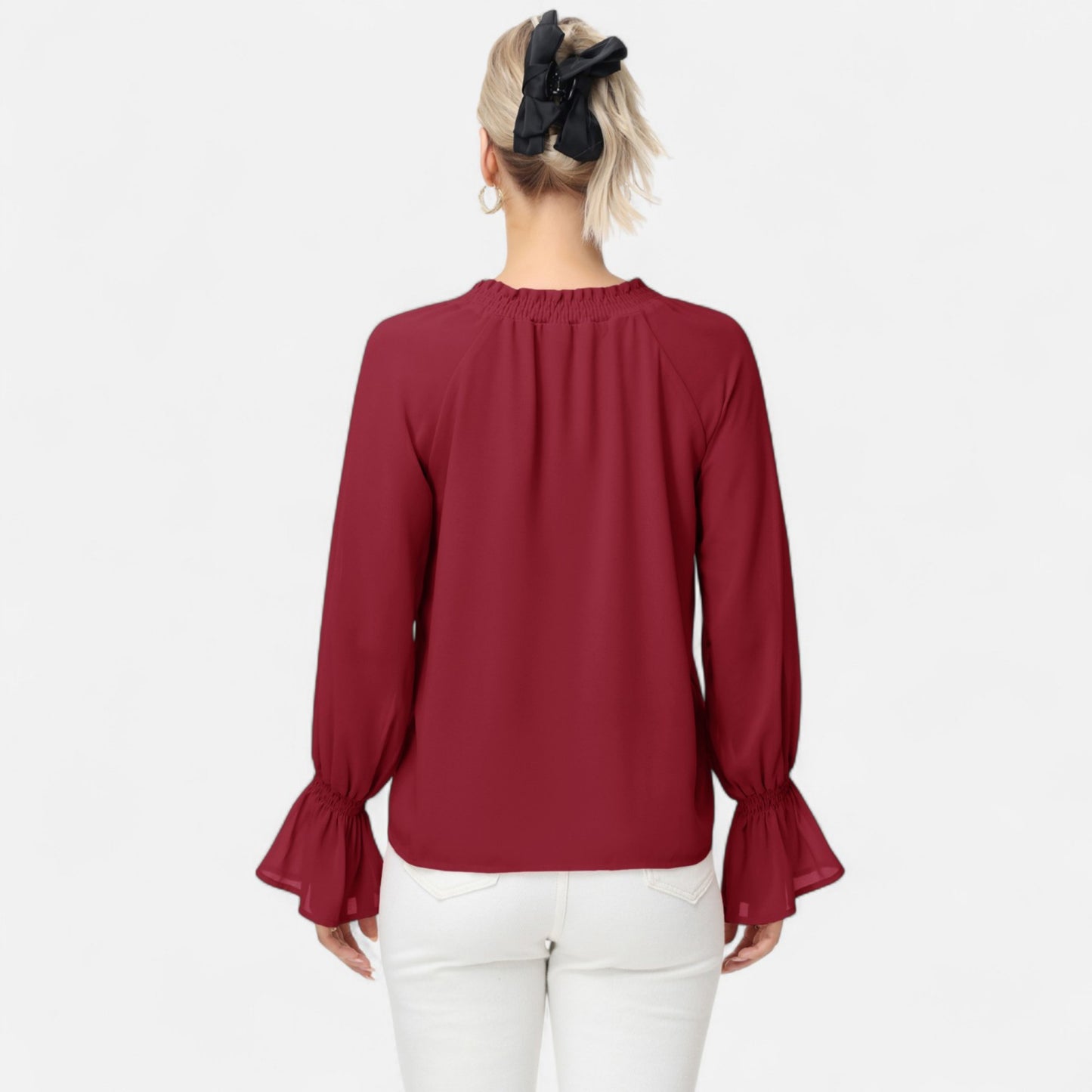 Anna-Kaci Women's Long Sleeve Blouse with Flounce Cuffs and Ruffle Trim Tie Neck Design