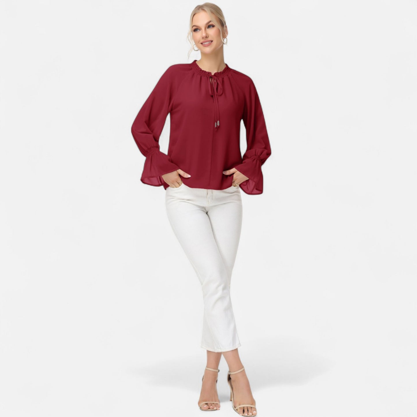 Anna-Kaci Women's Long Sleeve Blouse with Flounce Cuffs and Ruffle Trim Tie Neck Design