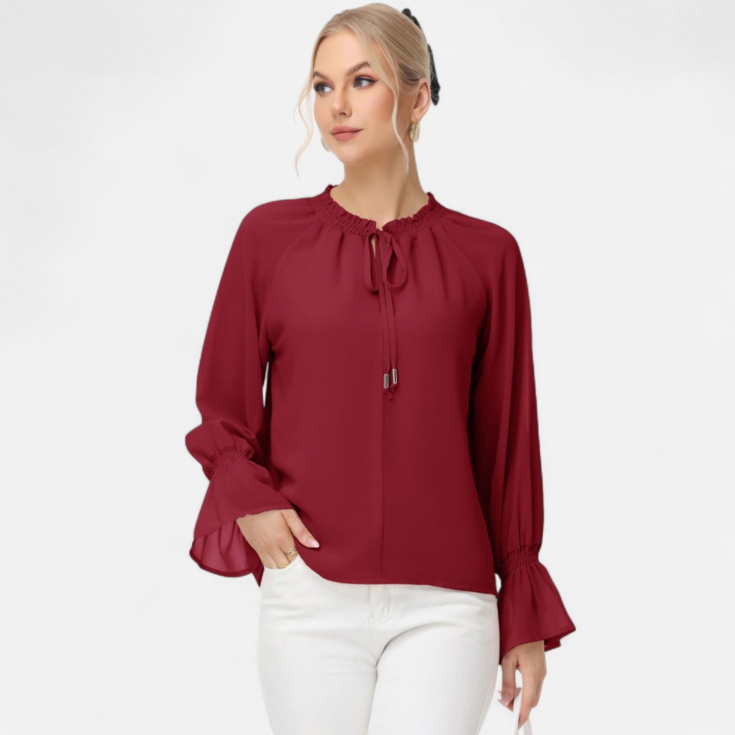 Anna-Kaci Women's Long Sleeve Blouse with Flounce Cuffs and Ruffle Trim Tie Neck Design