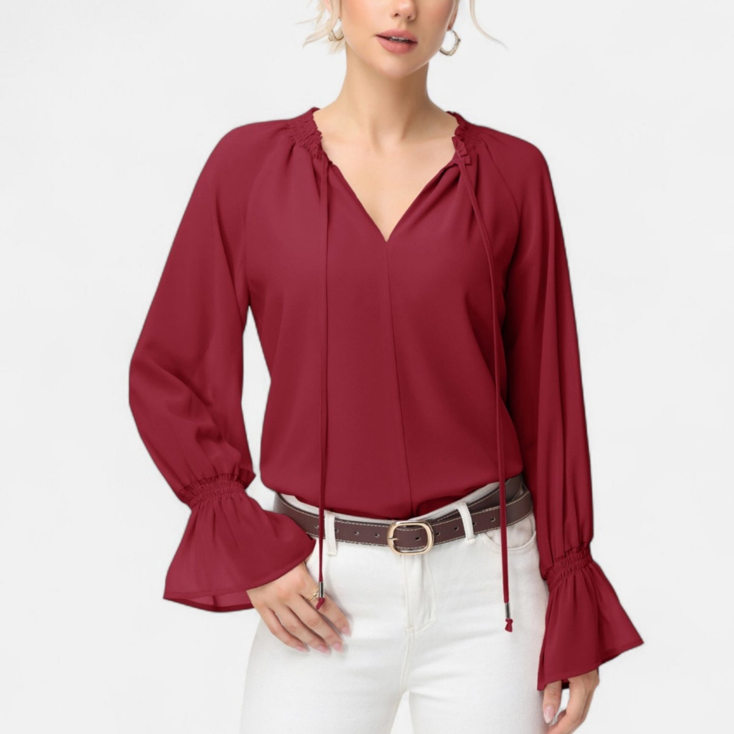 Anna-Kaci Women's Long Sleeve Blouse with Flounce Cuffs and Ruffle Trim Tie Neck Design