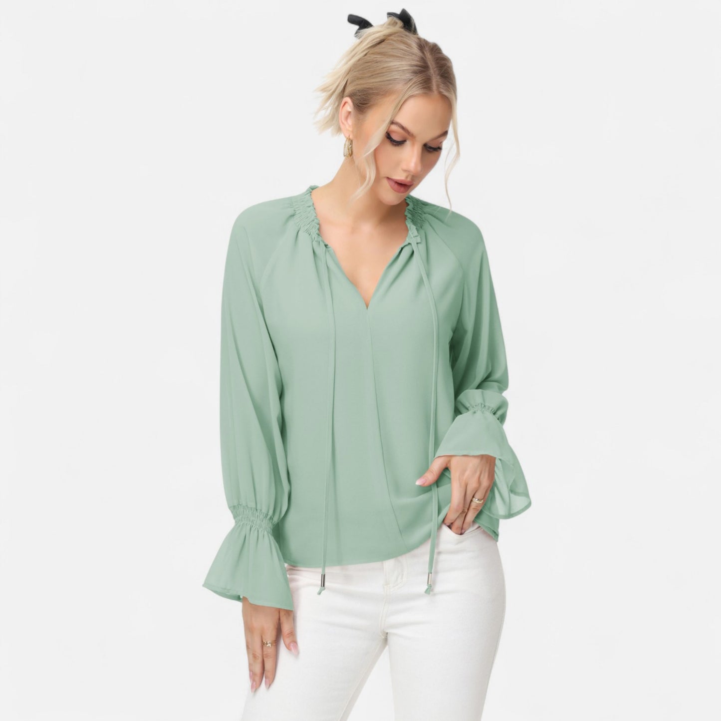 Anna-Kaci Women's Long Sleeve Blouse with Flounce Cuffs and Ruffle Trim Tie Neck Design