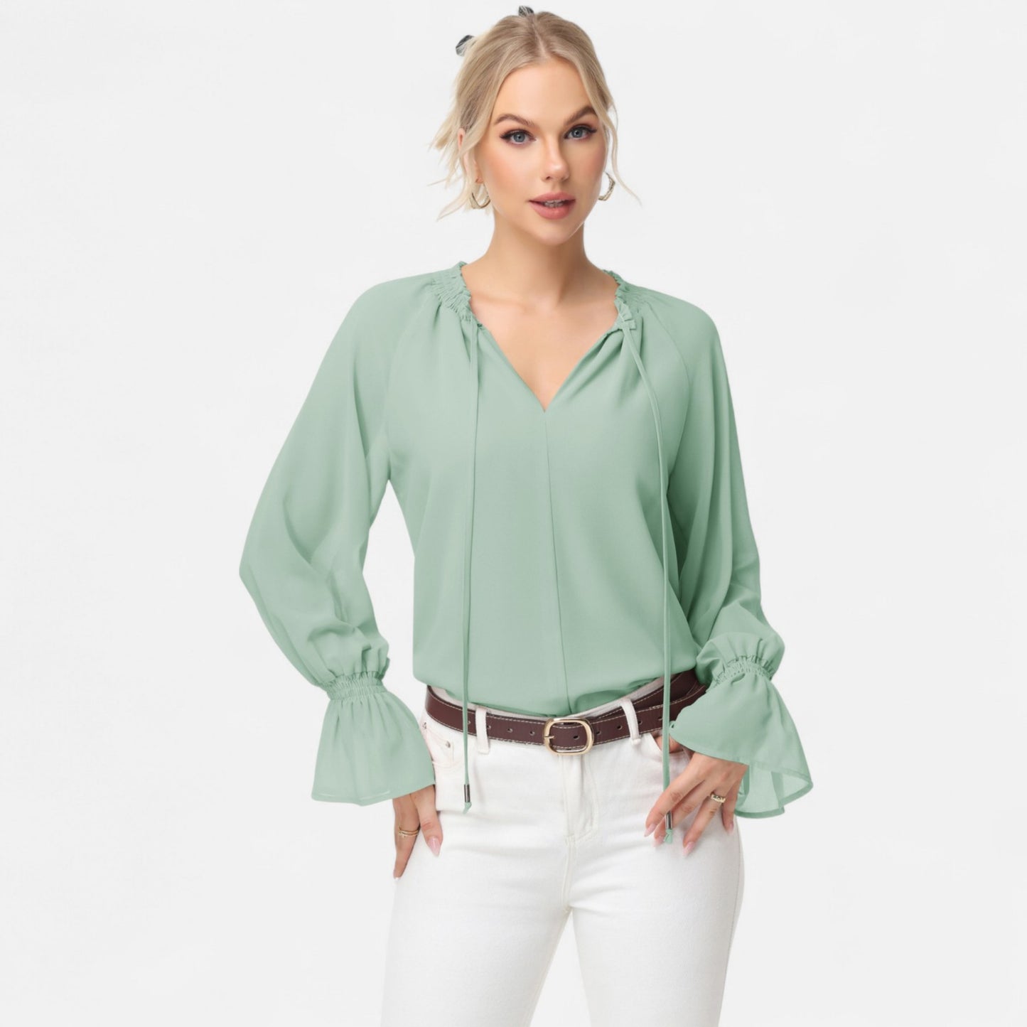 Anna-Kaci Women's Long Sleeve Blouse with Flounce Cuffs and Ruffle Trim Tie Neck Design