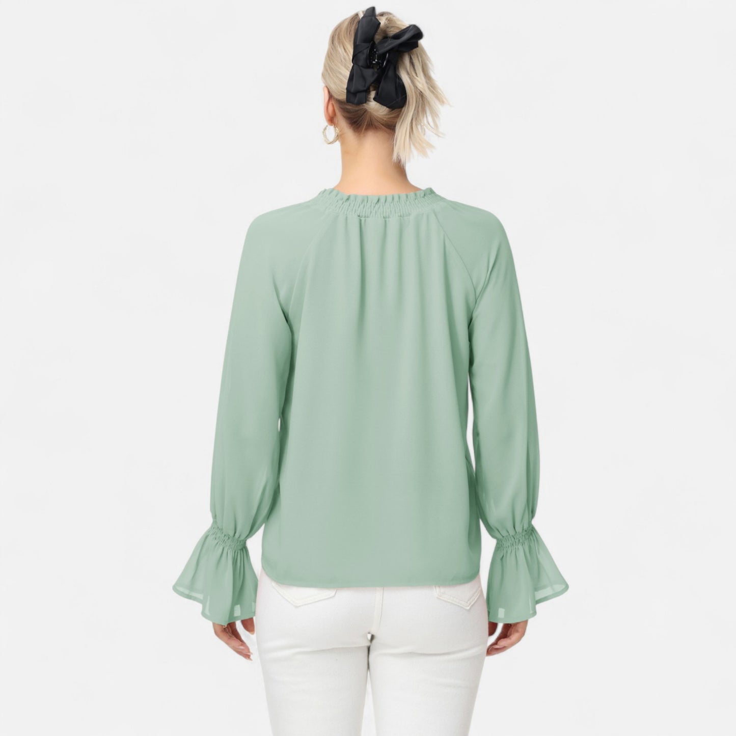 Anna-Kaci Women's Long Sleeve Blouse with Flounce Cuffs and Ruffle Trim Tie Neck Design
