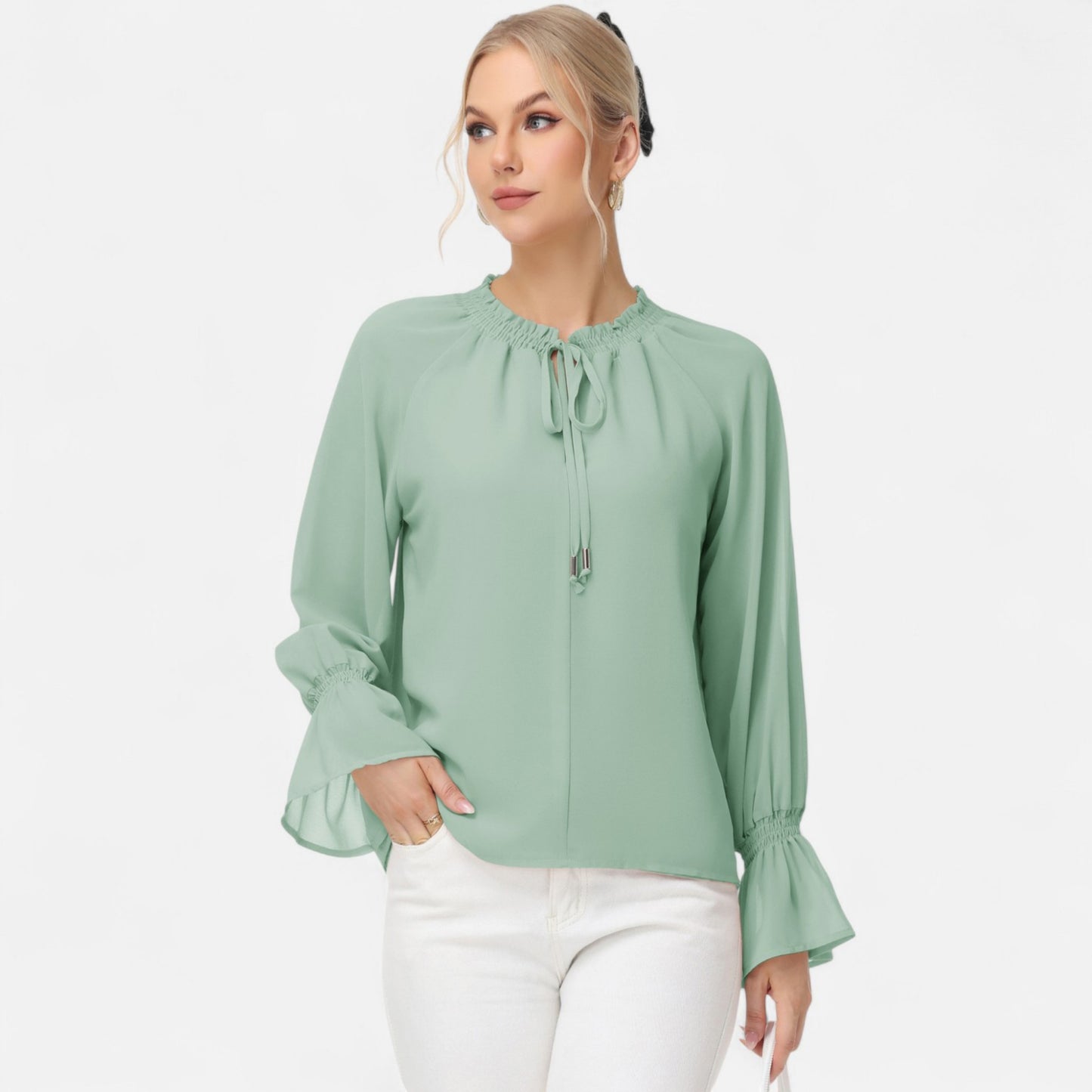Anna-Kaci Women's Long Sleeve Blouse with Flounce Cuffs and Ruffle Trim Tie Neck Design