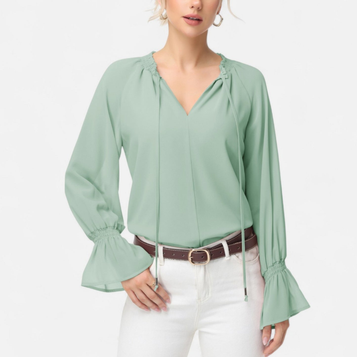 Anna-Kaci Women's Long Sleeve Blouse with Flounce Cuffs and Ruffle Trim Tie Neck Design