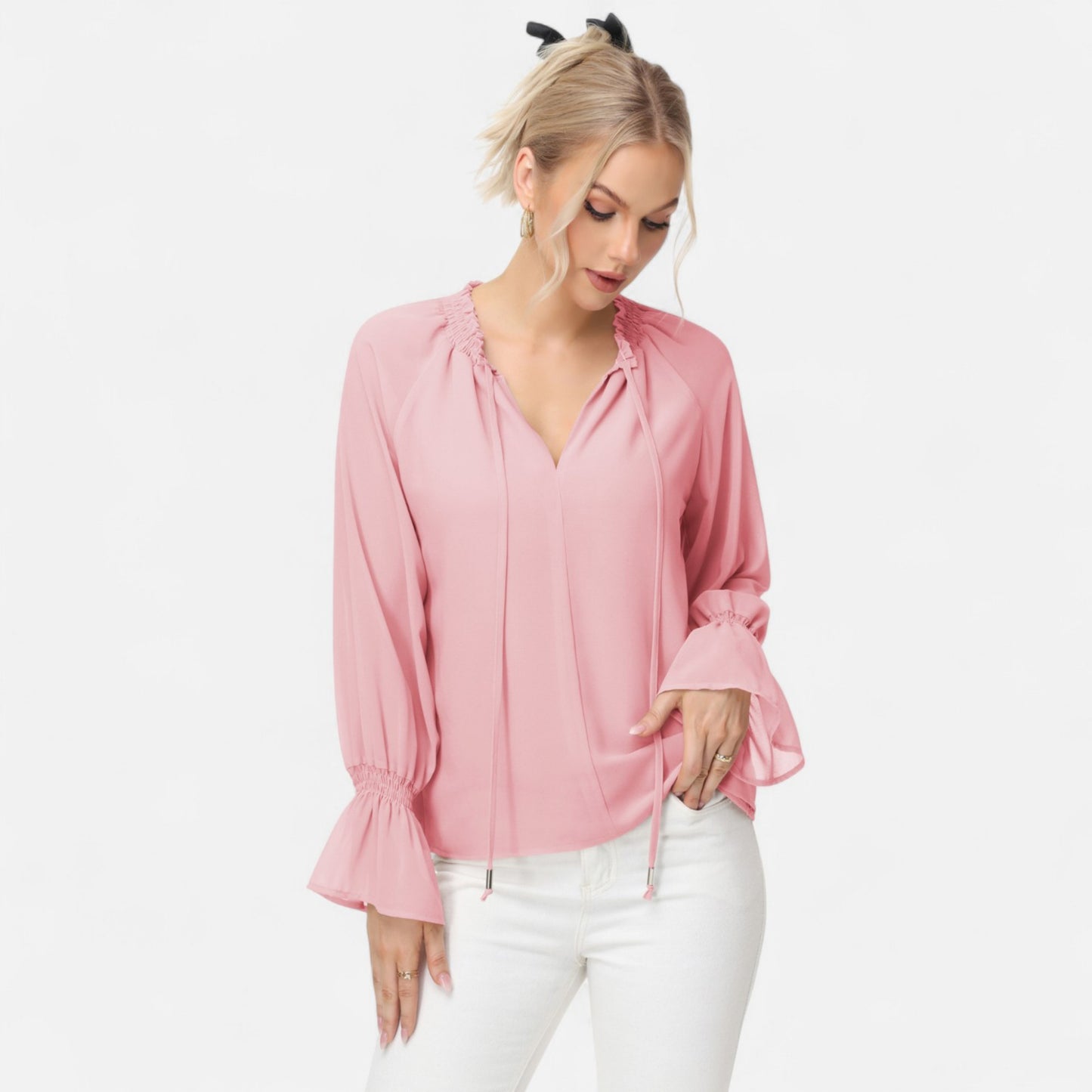Anna-Kaci Women's Long Sleeve Blouse with Flounce Cuffs and Ruffle Trim Tie Neck Design