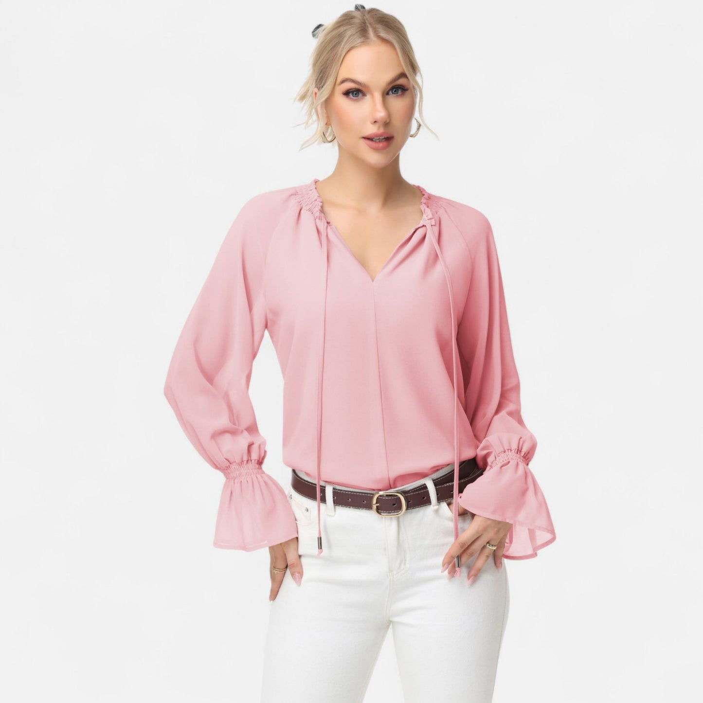 Anna-Kaci Women's Long Sleeve Blouse with Flounce Cuffs and Ruffle Trim Tie Neck Design