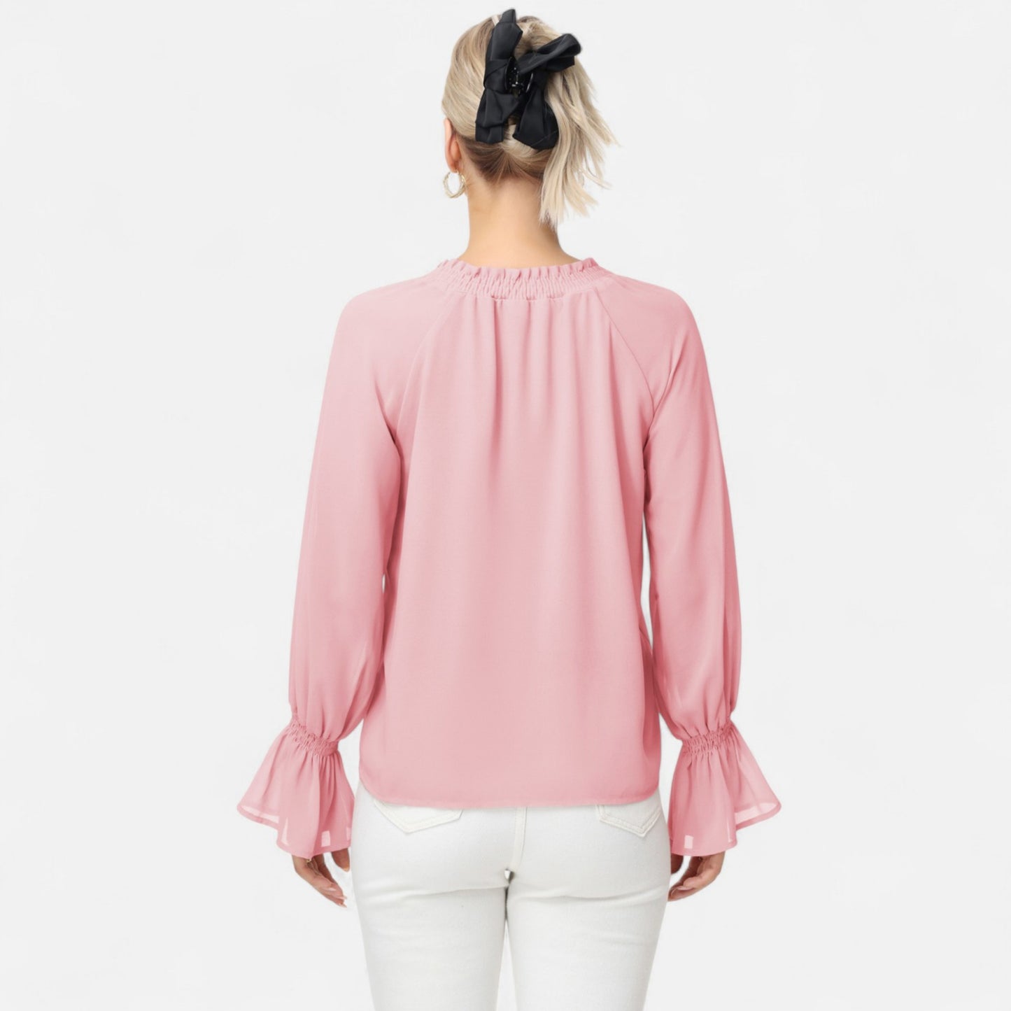 Anna-Kaci Women's Long Sleeve Blouse with Flounce Cuffs and Ruffle Trim Tie Neck Design