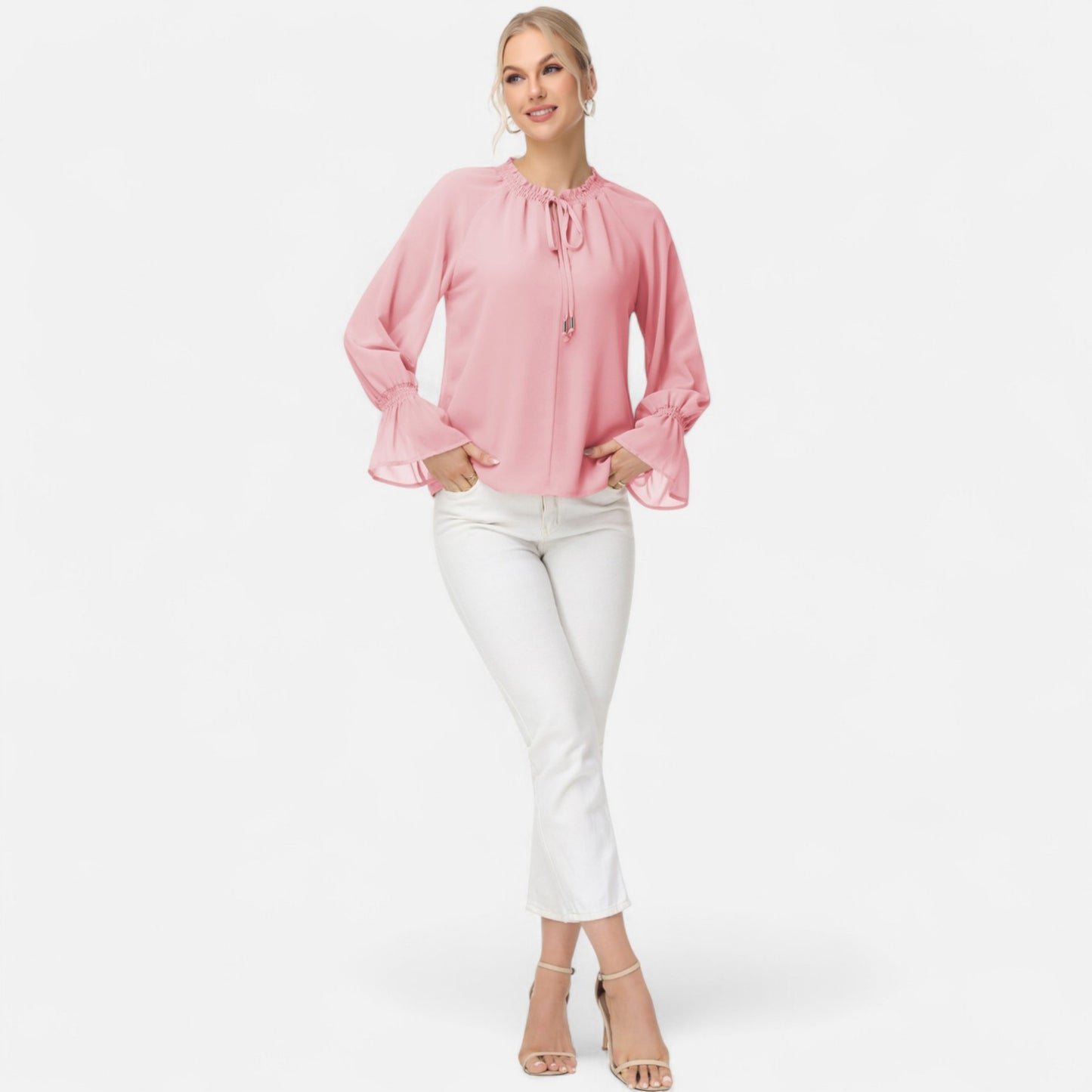 Anna-Kaci Women's Long Sleeve Blouse with Flounce Cuffs and Ruffle Trim Tie Neck Design