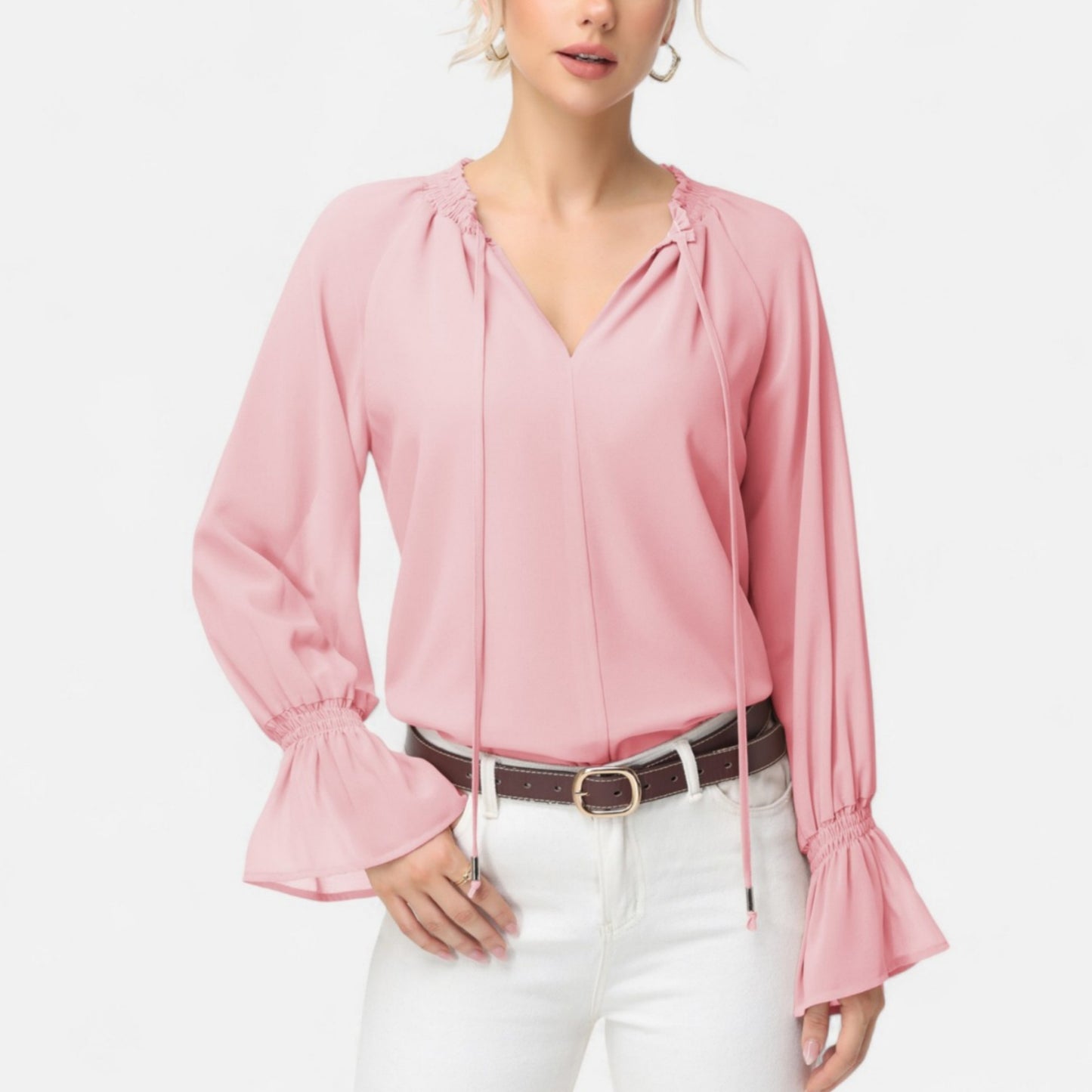 Anna-Kaci Women's Long Sleeve Blouse with Flounce Cuffs and Ruffle Trim Tie Neck Design