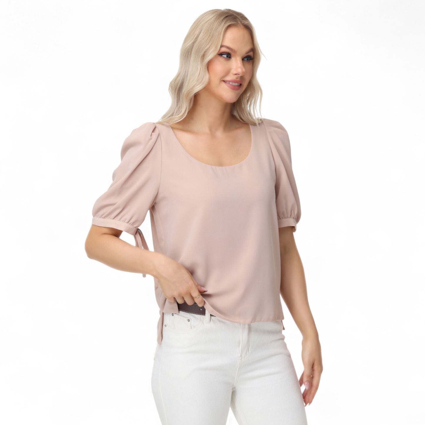 Anna-Kaci Women's Short Puff Sleeve Blouse with Scoop Neckline and Tie Cuff Detail for a Feminine Everyday Look