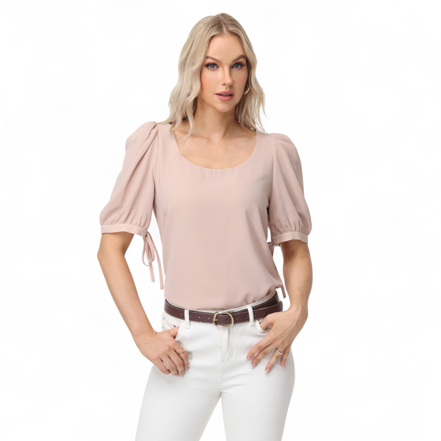 Anna-Kaci Women's Short Puff Sleeve Blouse with Scoop Neckline and Tie Cuff Detail for a Feminine Everyday Look